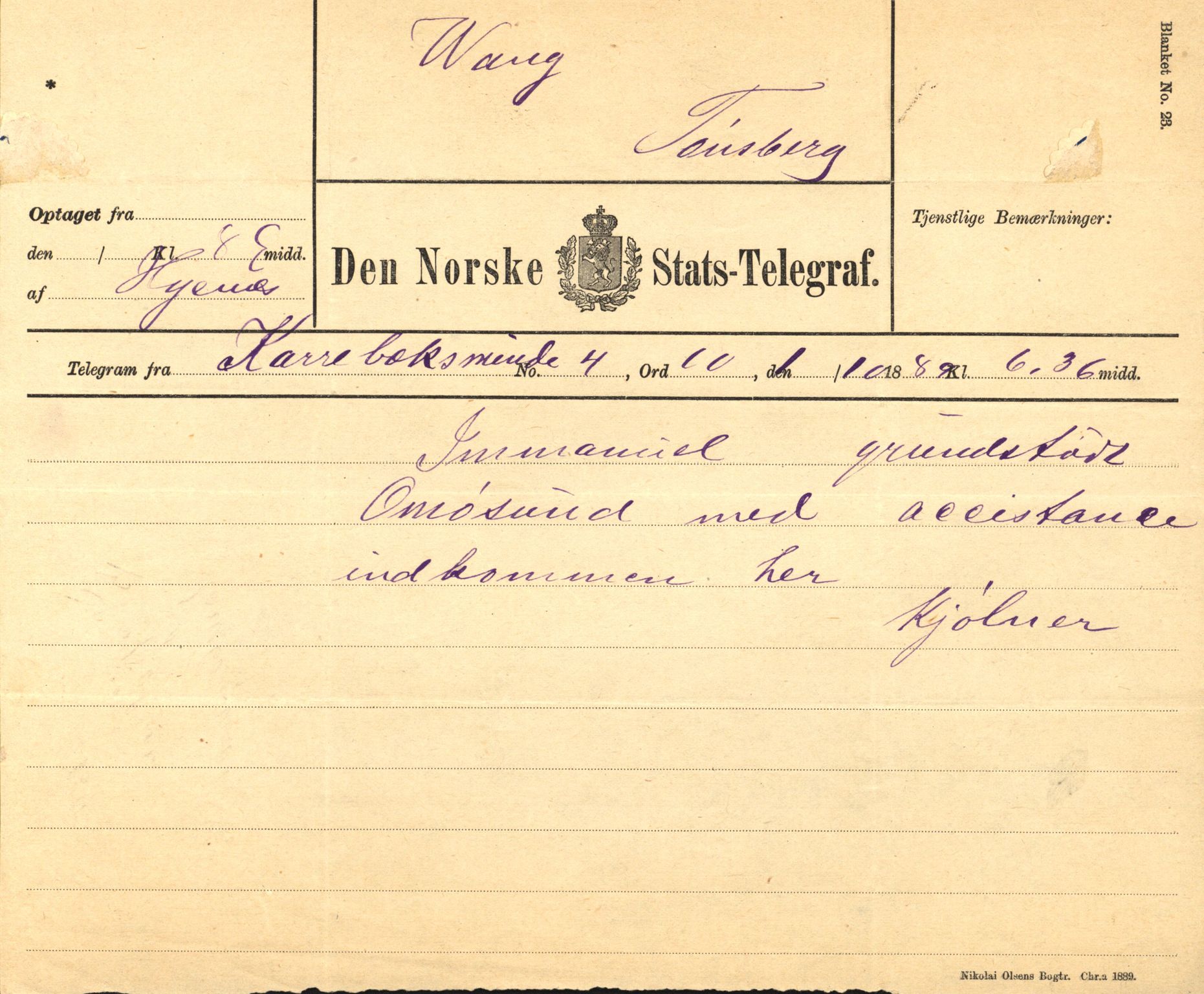 Pa 63 - Østlandske skibsassuranceforening, VEMU/A-1079/G/Ga/L0023/0008: Havaridokumenter / Immanuel, Wilhelm, Tobine, Diaz, Esmeralda, Tjømø, 1889, s. 10