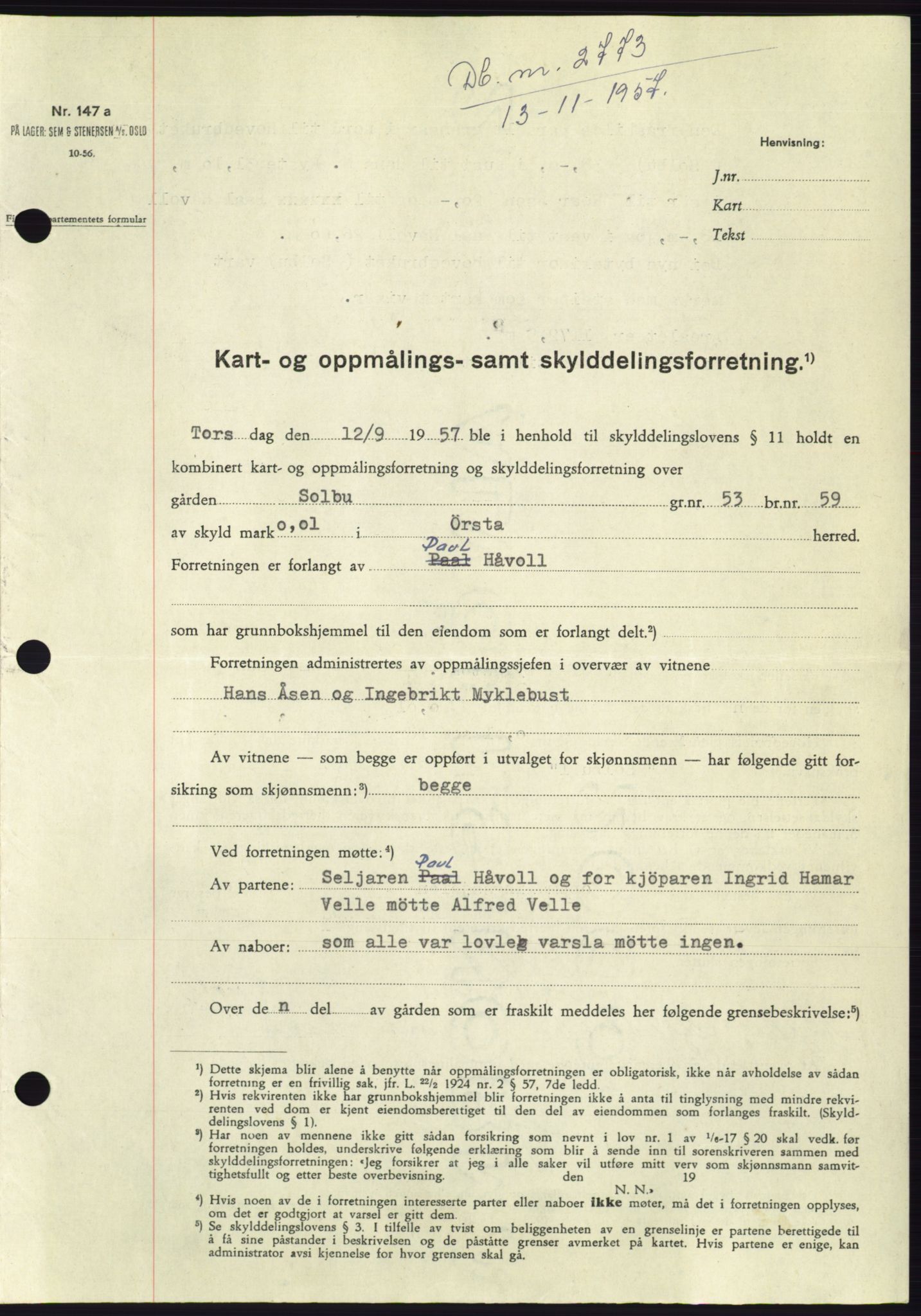 Søre Sunnmøre sorenskriveri, SAT/A-4122/1/2/2C/L0108: Pantebok nr. 34A, 1957-1958, Dagboknr: 2773/1957