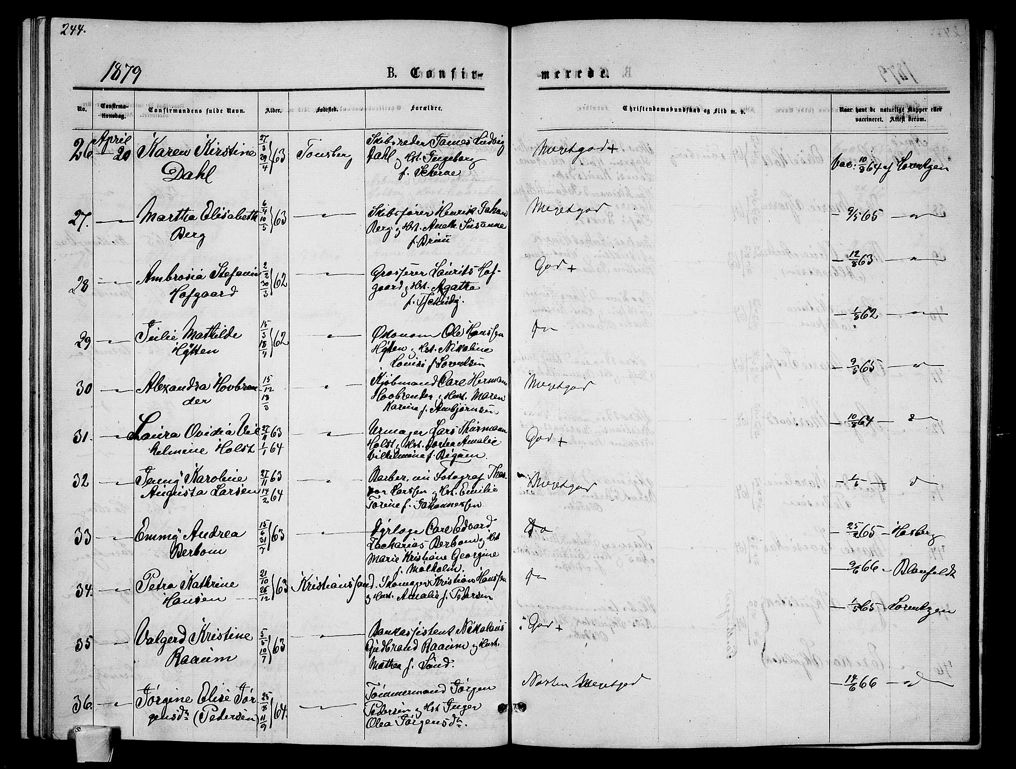 Tønsberg kirkebøker, AV/SAKO-A-330/G/Ga/L0005: Klokkerbok nr. 5, 1875-1885, s. 244