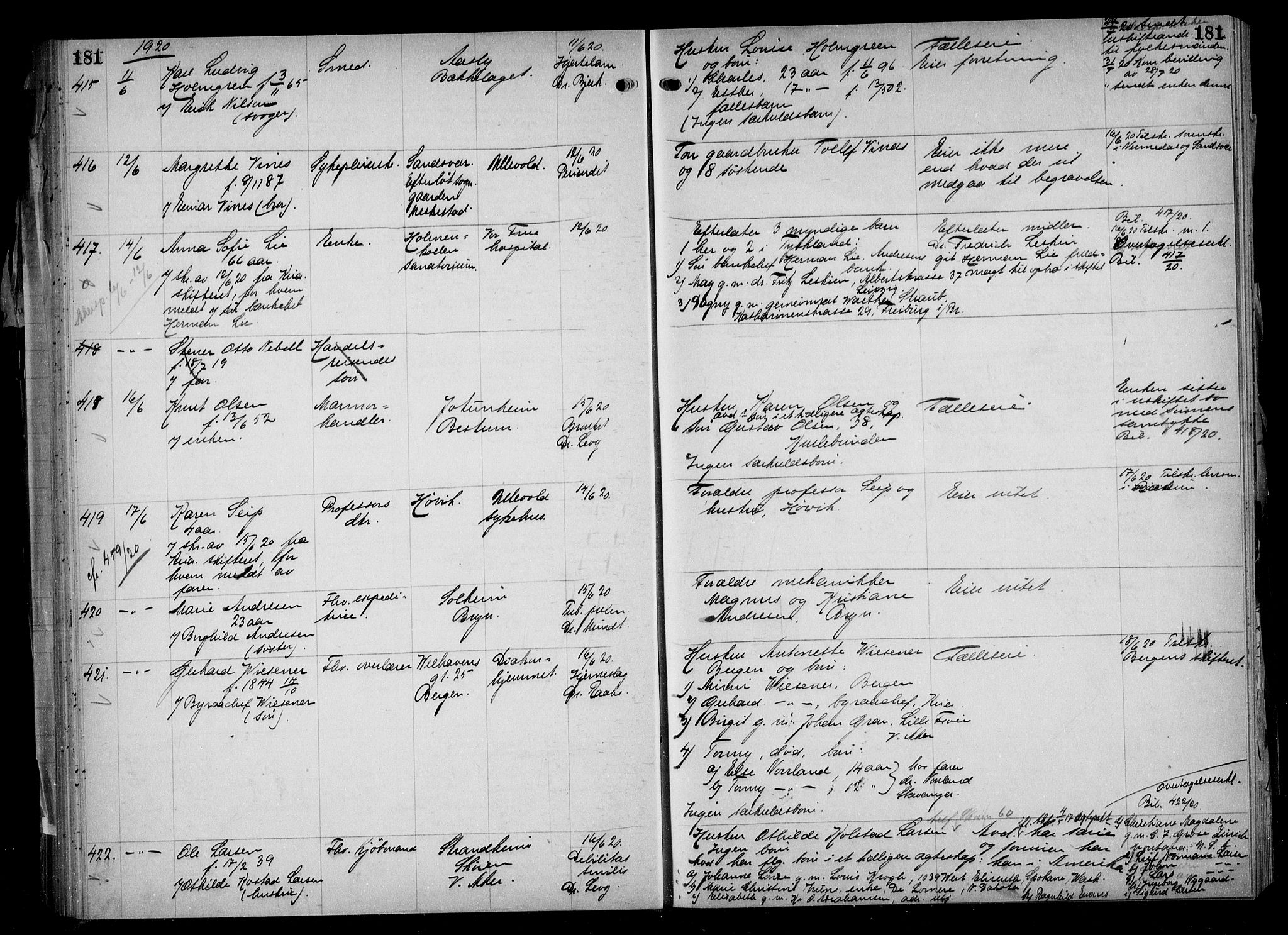 Aker kriminaldommer, skifte- og auksjonsforvalterembete, AV/SAO-A-10452/H/Hb/Hba/Hbaa/L0005: Dødsfallsprotokoll, 1918-1922, s. 181