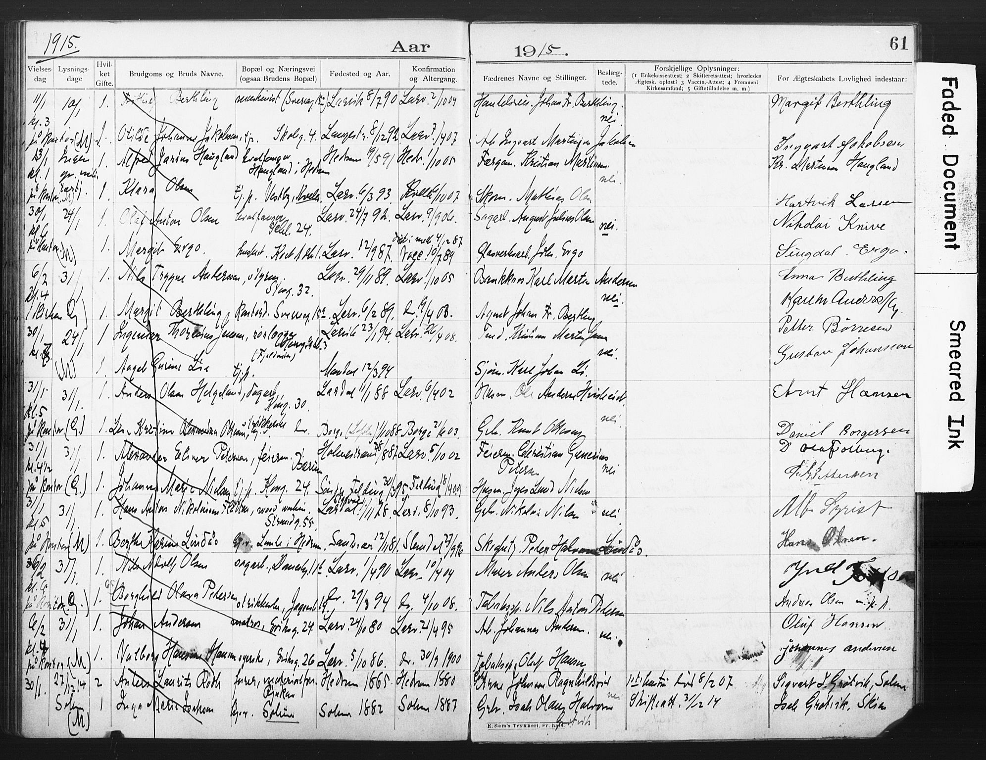 Larvik kirkebøker, AV/SAKO-A-352/H/Ha/L0003: Lysningsprotokoll nr. 3, 1907-1918, s. 61