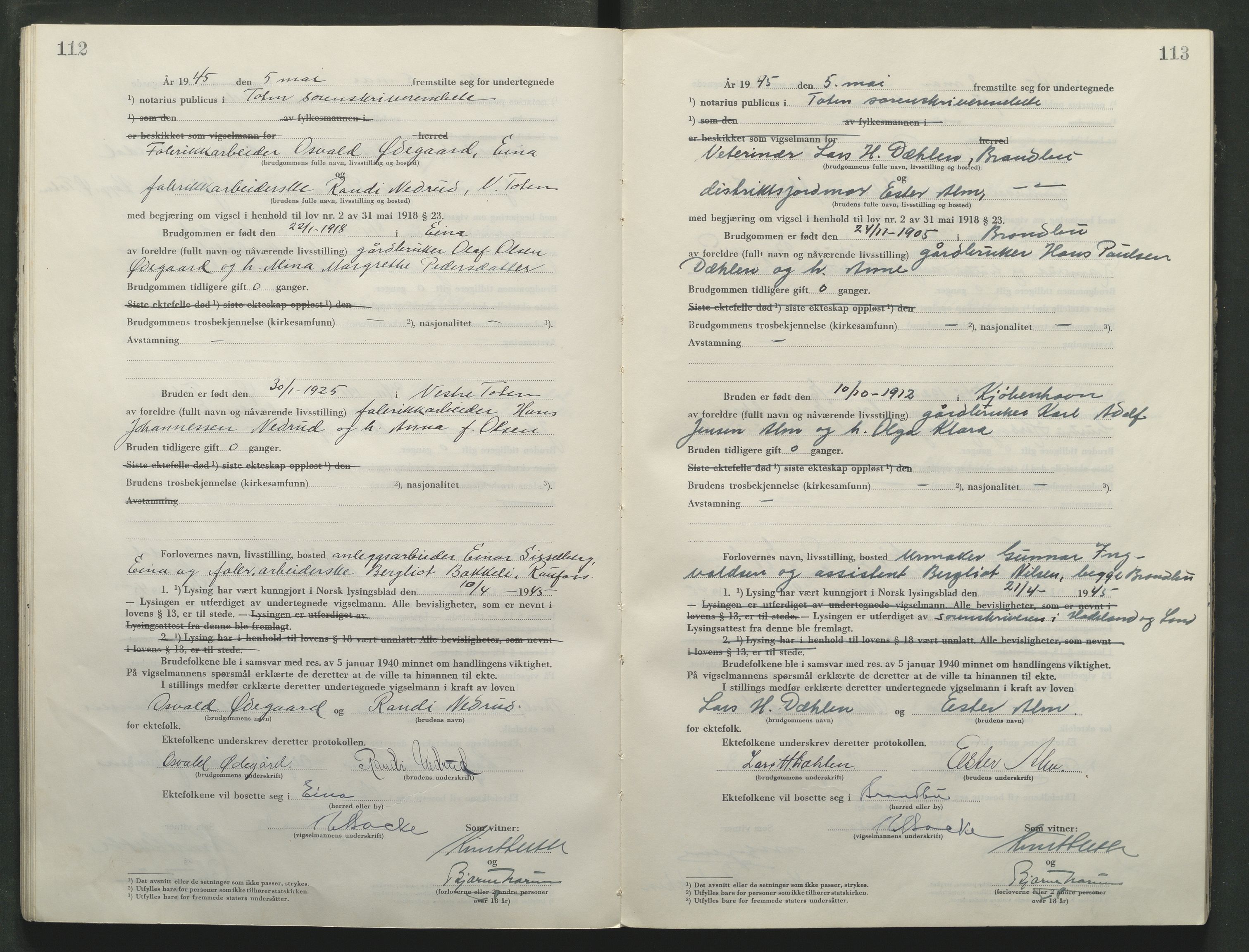 Toten tingrett, AV/SAH-TING-006/L/Lc/L0005: Vigselbok, 1944-1948, s. 112-113