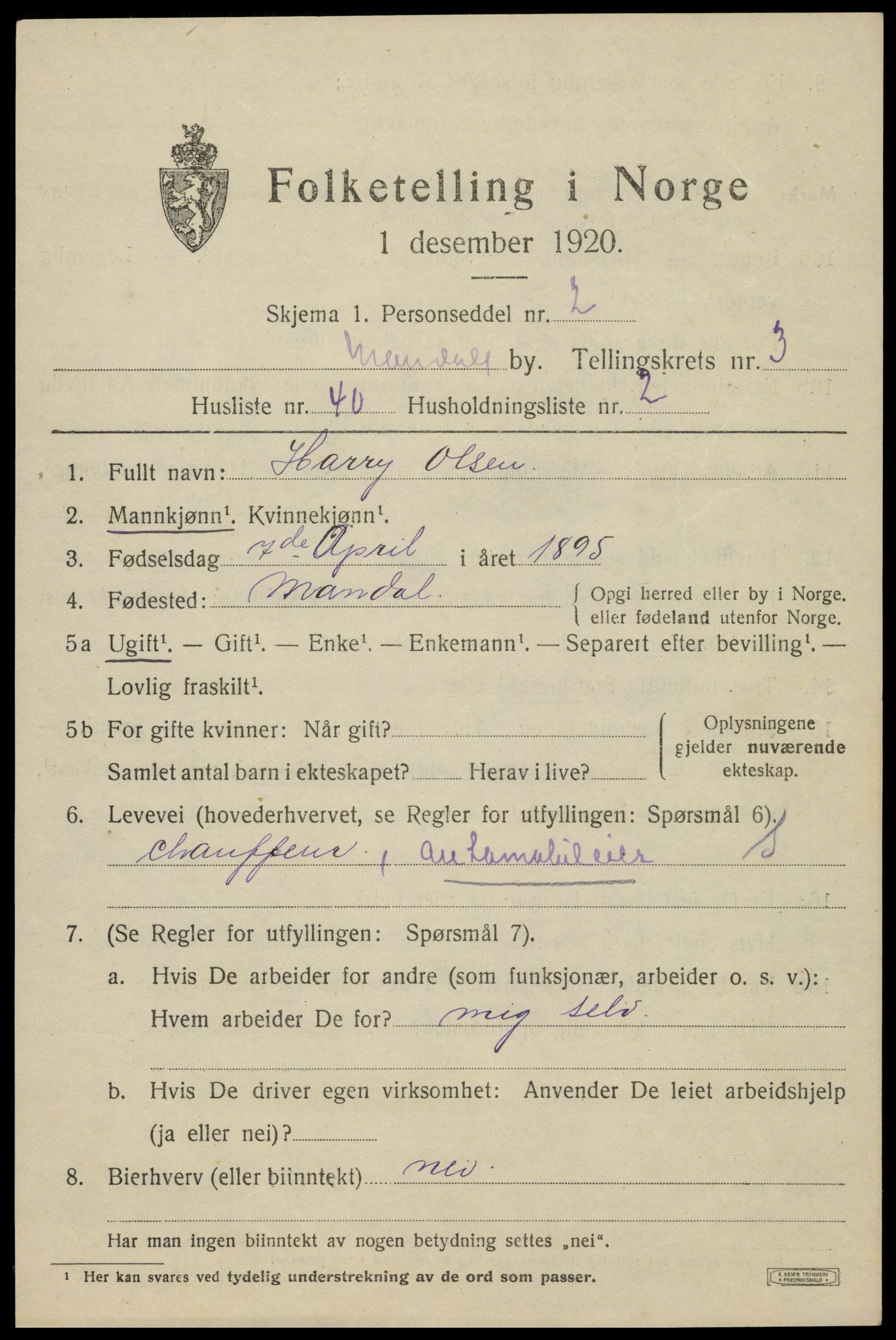 SAK, Folketelling 1920 for 1002 Mandal ladested, 1920, s. 5863