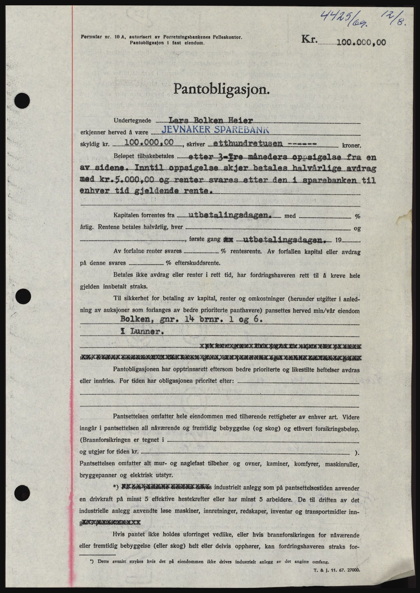 Hadeland og Land tingrett, SAH/TING-010/H/Hb/Hbc/L0074: Pantebok nr. B74, 1969-1969, Dagboknr: 4425/1969