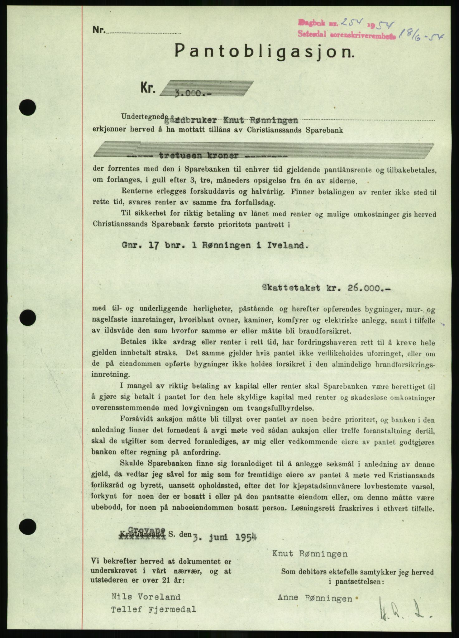 Setesdal sorenskriveri, SAK/1221-0011/G/Gb/L0052: Pantebok nr. B 40, 1954-1955, Dagboknr: 254/1954