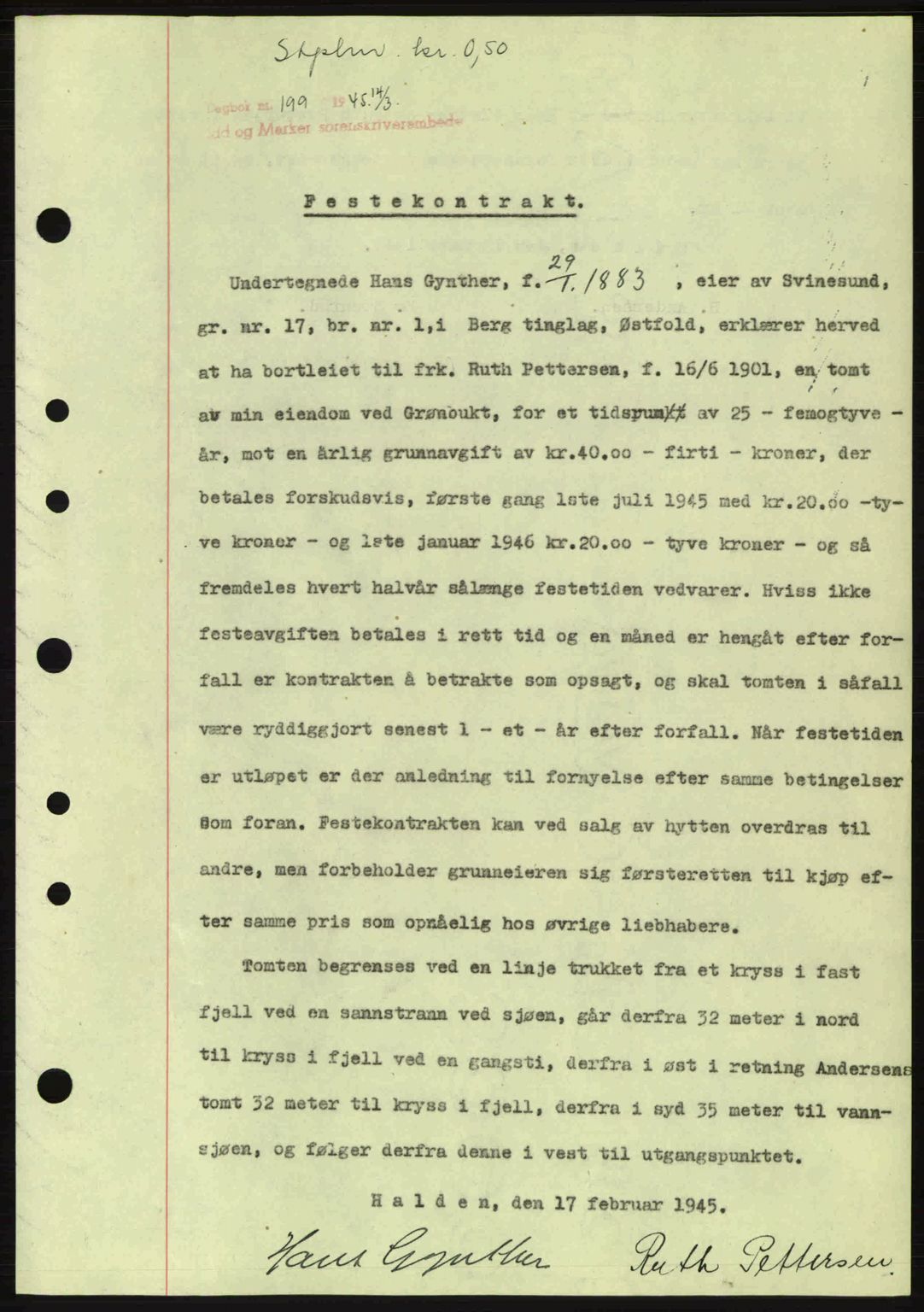 Idd og Marker sorenskriveri, AV/SAO-A-10283/G/Gb/Gbc/L0002: Pantebok nr. B4-9a, 1939-1945, Dagboknr: 199/1945