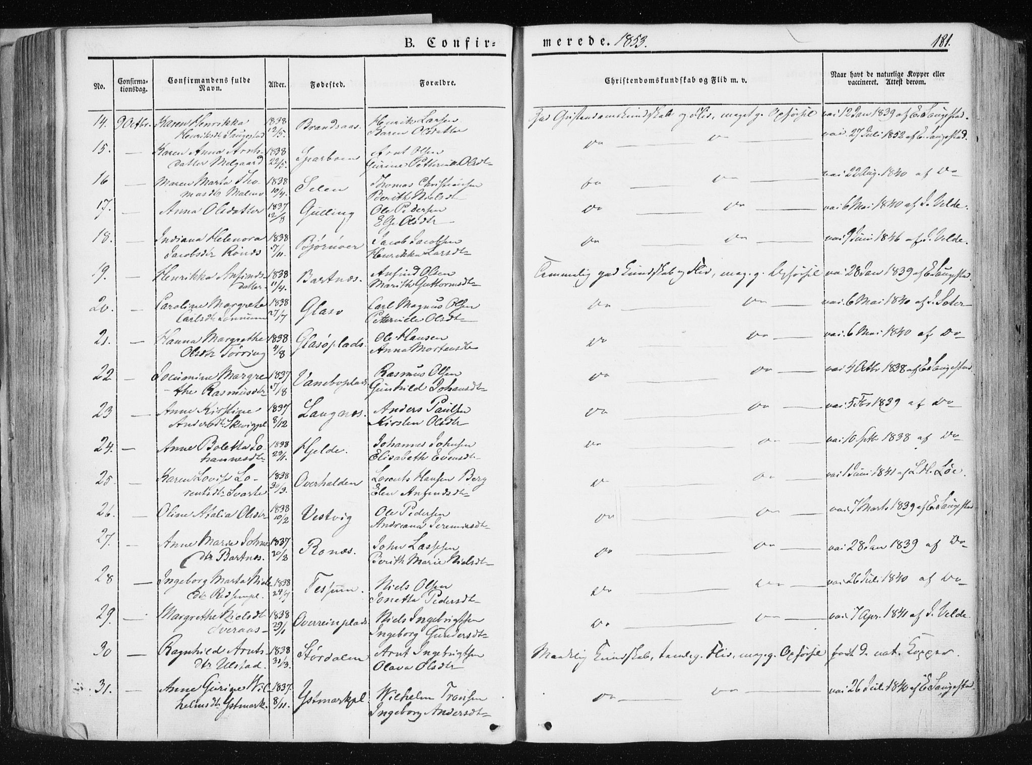 Ministerialprotokoller, klokkerbøker og fødselsregistre - Nord-Trøndelag, SAT/A-1458/741/L0393: Ministerialbok nr. 741A07, 1849-1863, s. 181