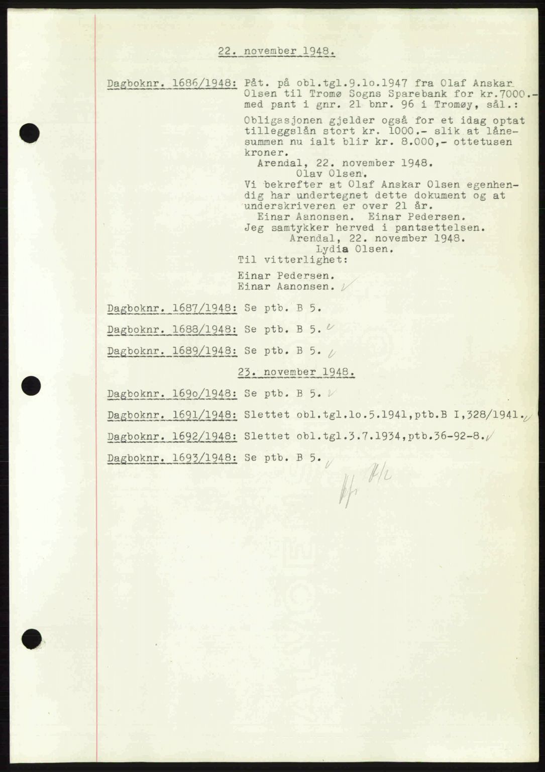 Nedenes sorenskriveri, SAK/1221-0006/G/Gb/Gba/L0060: Pantebok nr. A12, 1948-1949, Dagboknr: 1686/1948