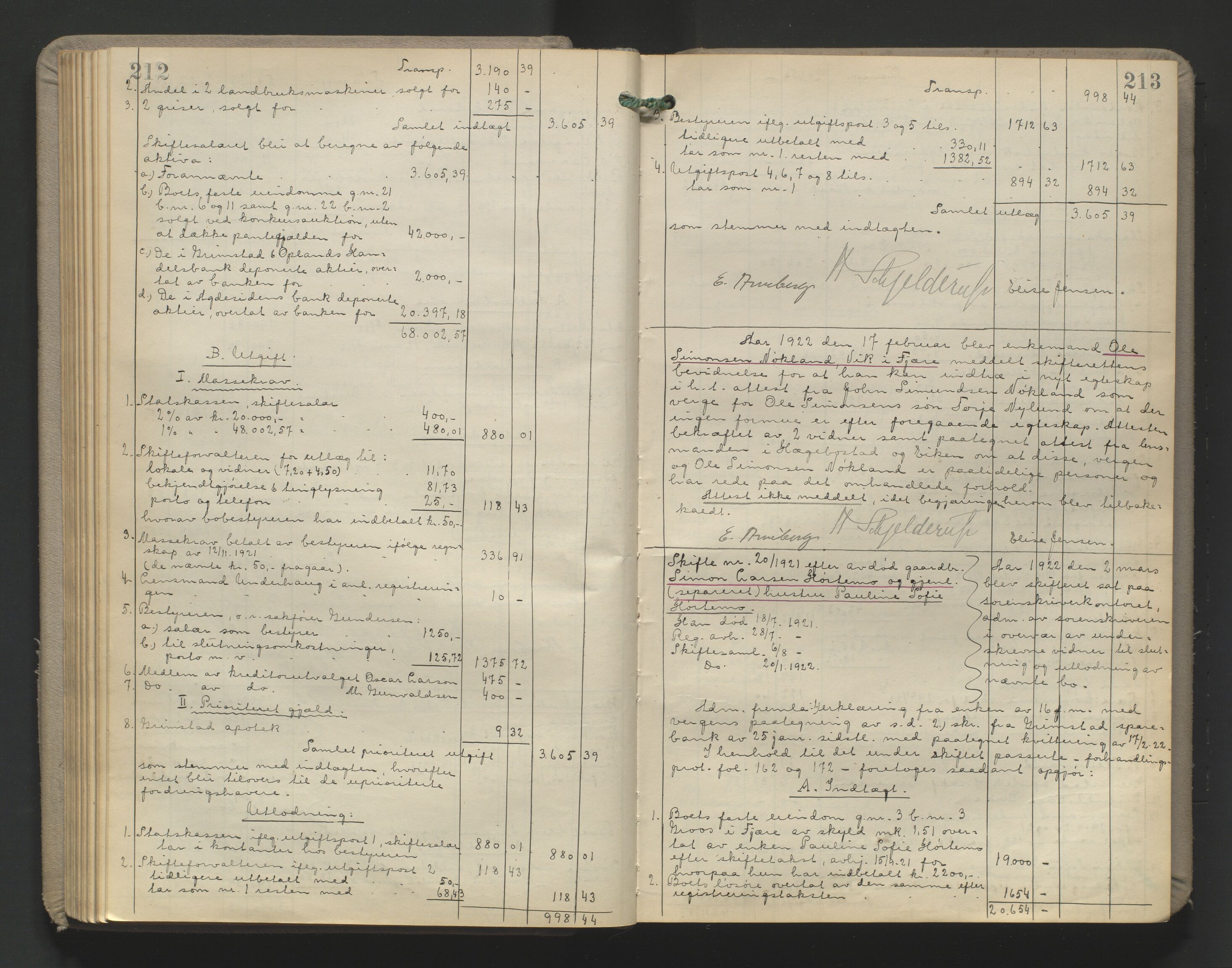 Vestre Nedenes/Sand sorenskriveri, AV/SAK-1221-0010/H/Hc/L0022: Skifteutlodningsprotokoll nr. 9, 1919-1932, s. 212-213