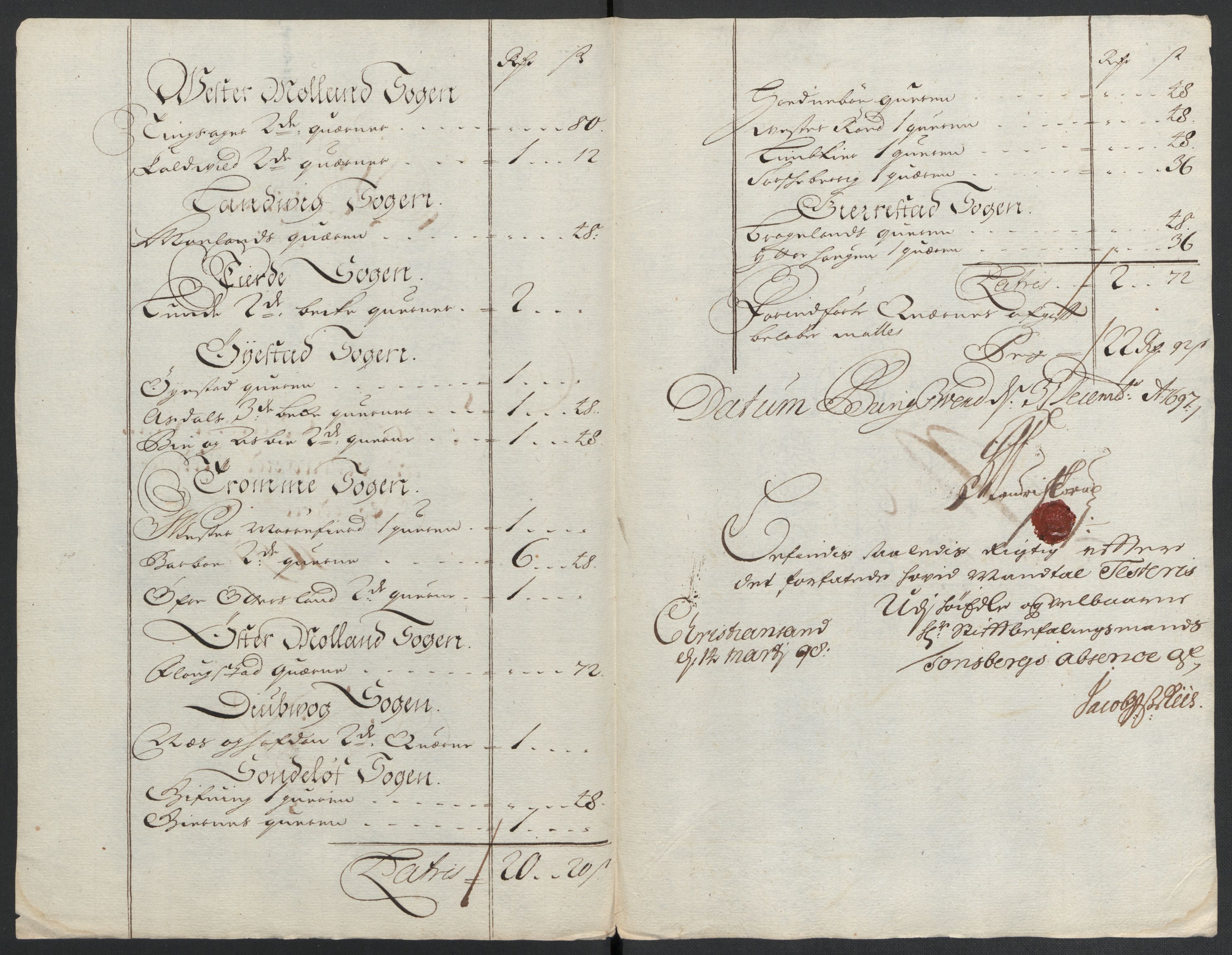 Rentekammeret inntil 1814, Reviderte regnskaper, Fogderegnskap, AV/RA-EA-4092/R39/L2313: Fogderegnskap Nedenes, 1696-1697, s. 141