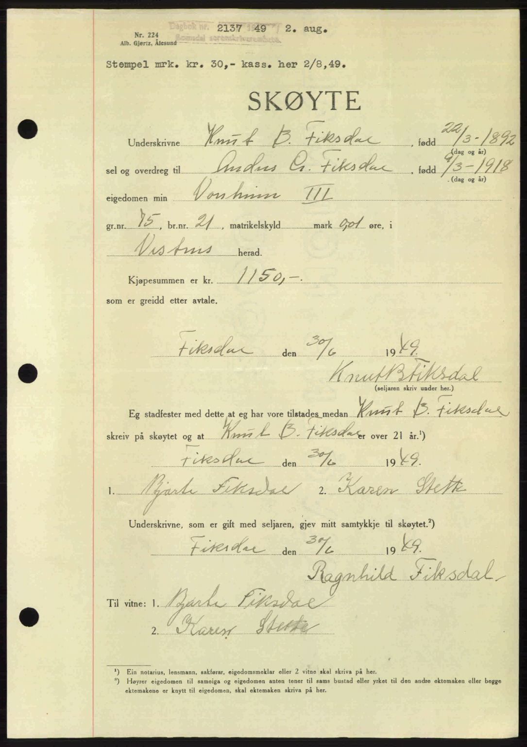 Romsdal sorenskriveri, AV/SAT-A-4149/1/2/2C: Pantebok nr. A30, 1949-1949, Dagboknr: 2137/1949