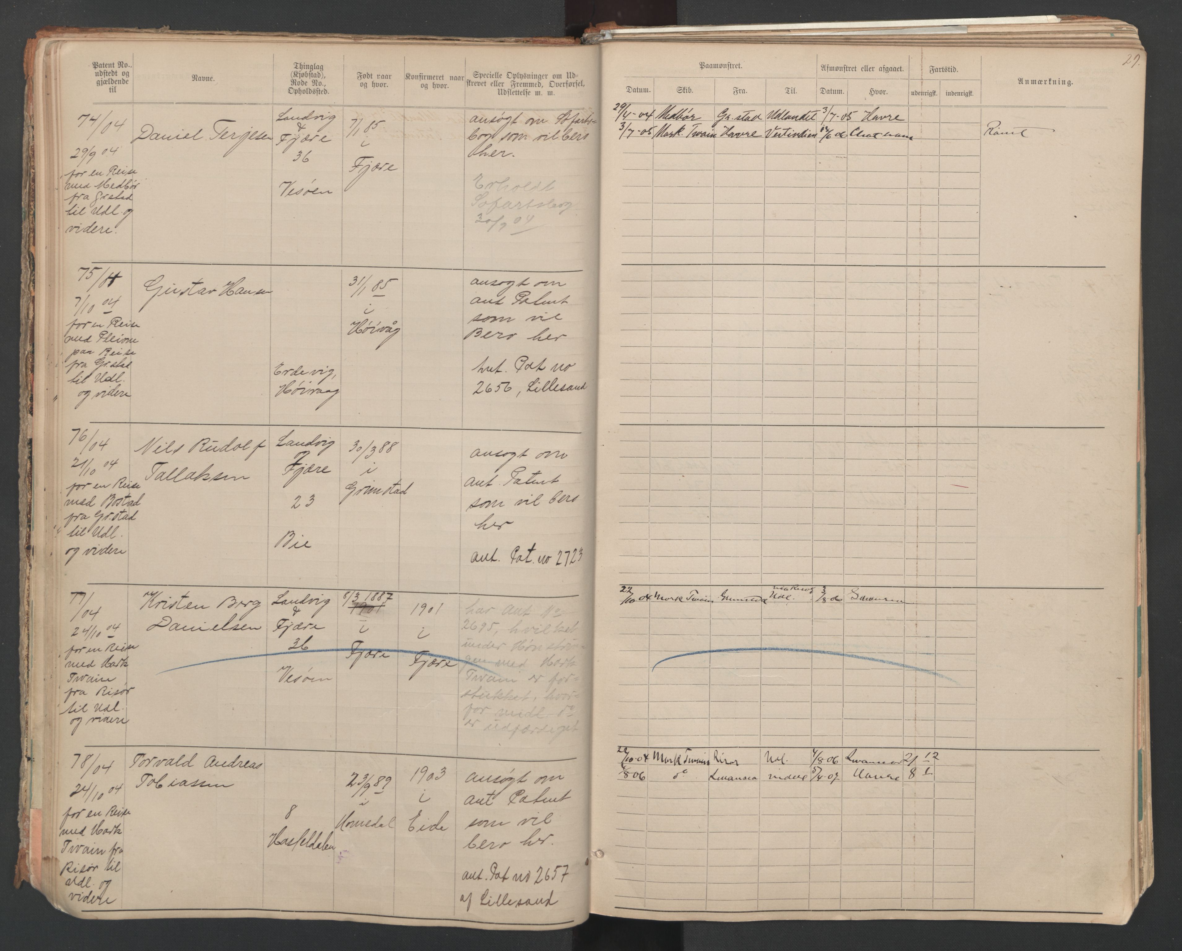 Grimstad mønstringskrets, SAK/2031-0013/F/Fa/L0007: Annotasjonsrulle nr 1-265 og hovedrulle B nr 1-160, V-20, 1894-1949, s. 29