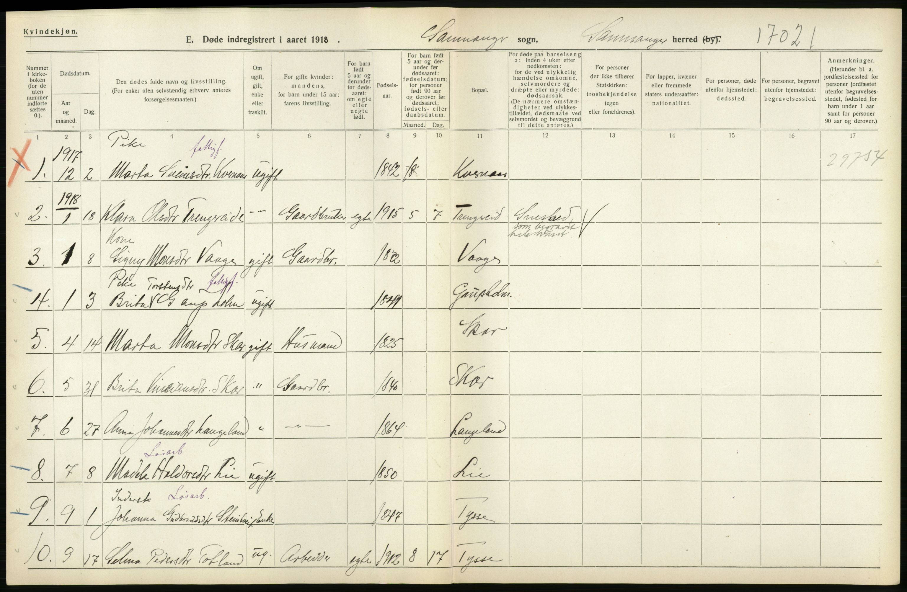 Statistisk sentralbyrå, Sosiodemografiske emner, Befolkning, AV/RA-S-2228/D/Df/Dfb/Dfbh/L0036: Hordaland fylke: Døde., 1918, s. 462