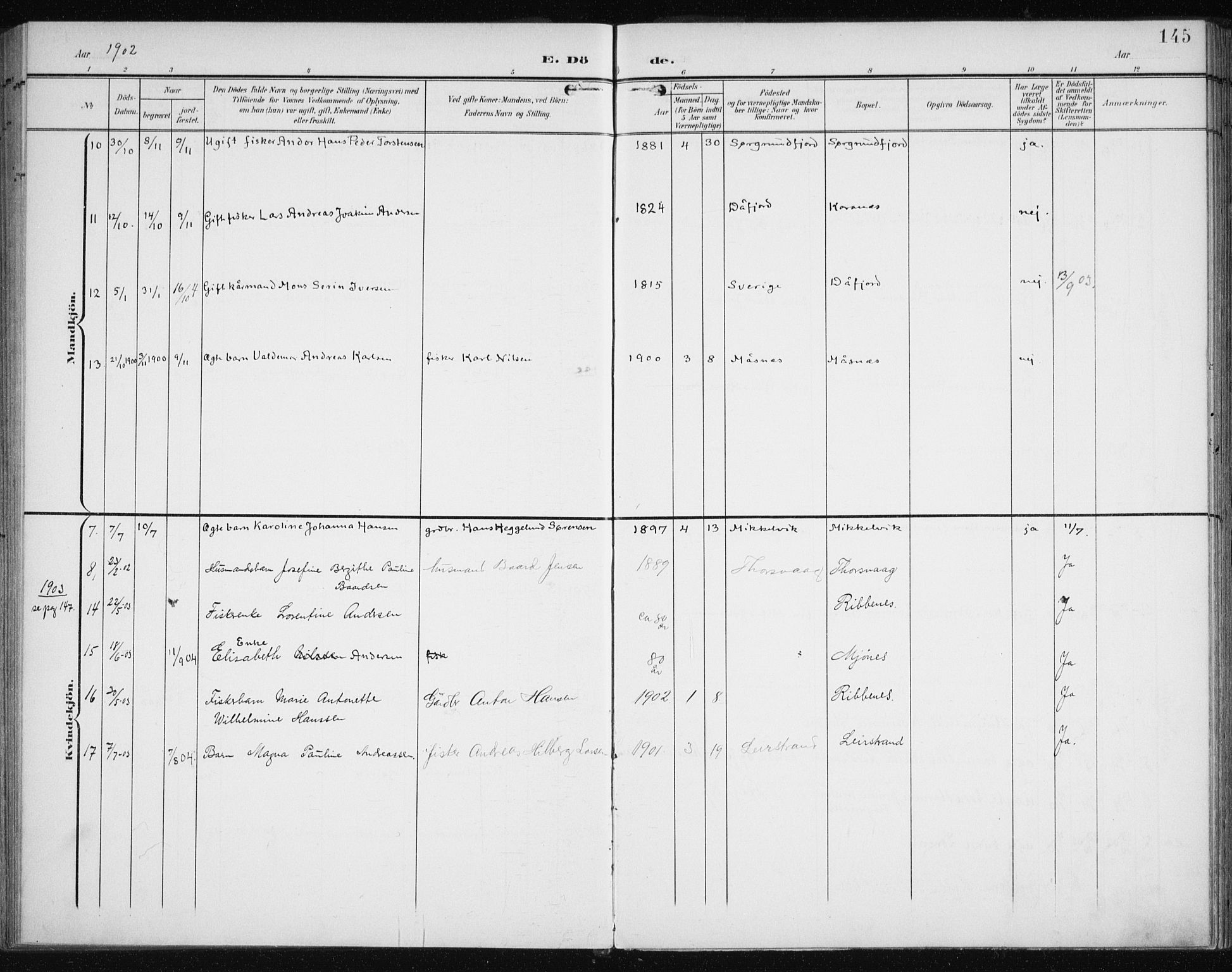 Karlsøy sokneprestembete, AV/SATØ-S-1299/H/Ha/Haa/L0013kirke: Ministerialbok nr. 13, 1902-1916, s. 145