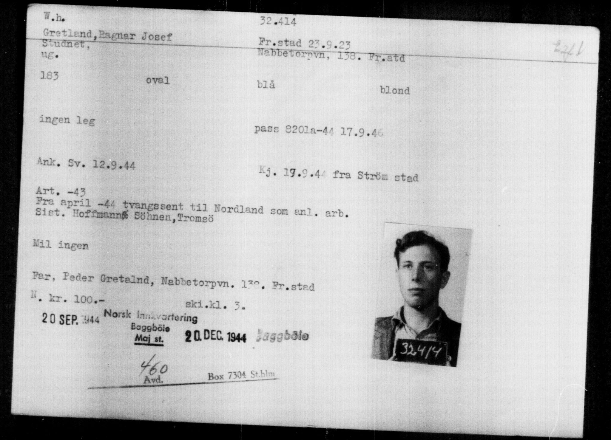 Utenriksstasjonene, Legasjonen i Stockholm, Flyktningkontoret, AV/RA-S-6753/V/Va/L0013: Kjesäterkartoteket, flyktninger med registreringsnr. 31500-34731, 1940-1945, s. 968