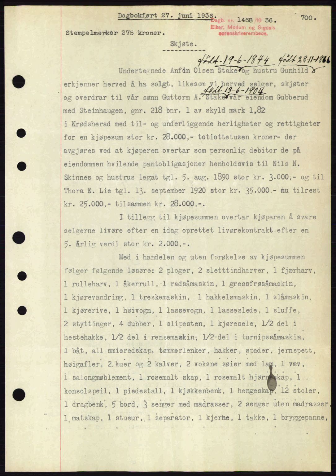 Eiker, Modum og Sigdal sorenskriveri, SAKO/A-123/G/Ga/Gab/L0032: Pantebok nr. A2, 1936-1936, Dagboknr: 1468/1936