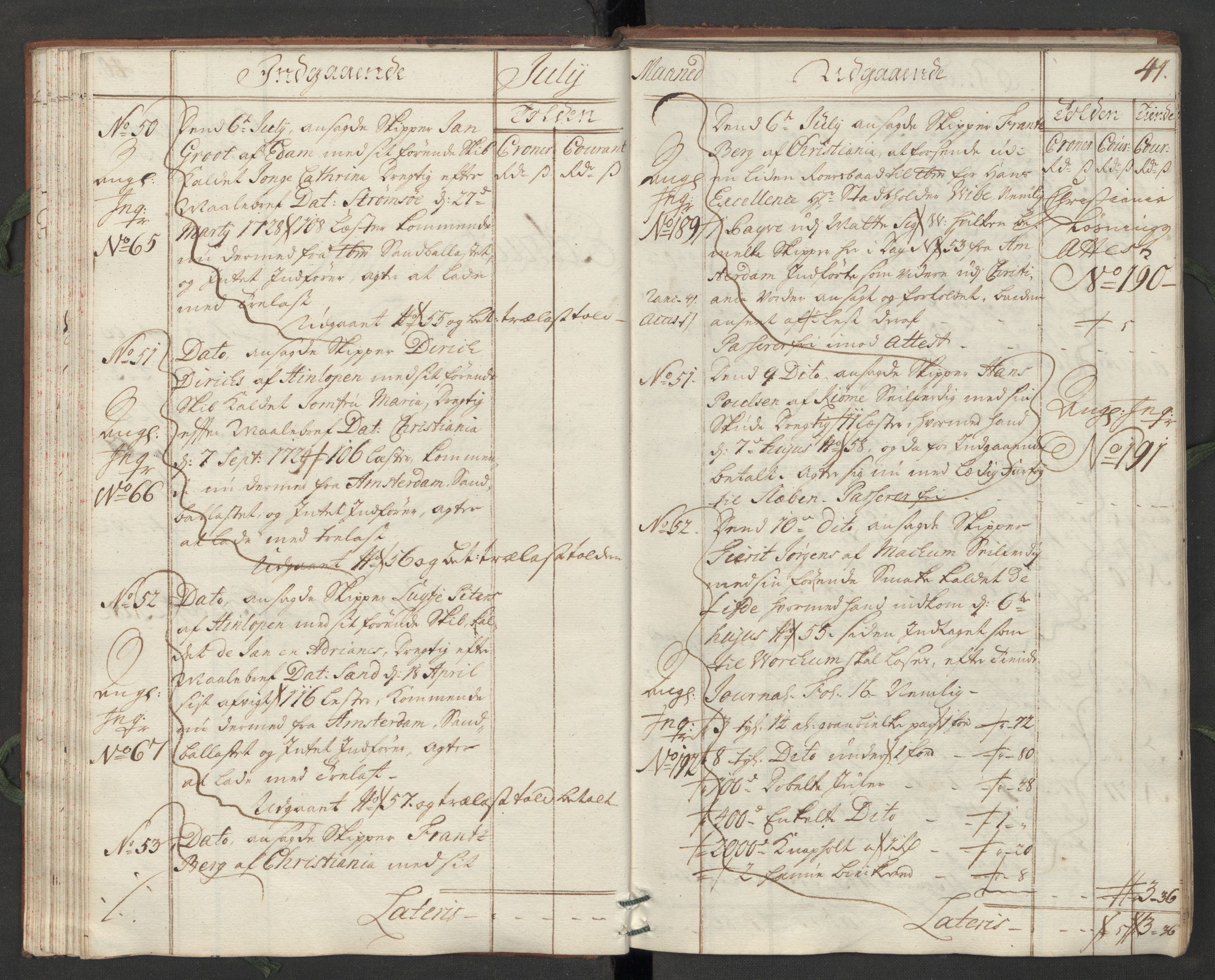Generaltollkammeret, tollregnskaper, AV/RA-EA-5490/R07/L0009/0001: Tollregnskaper Sand / Hovedtollbok, 1731, s. 40b-41a
