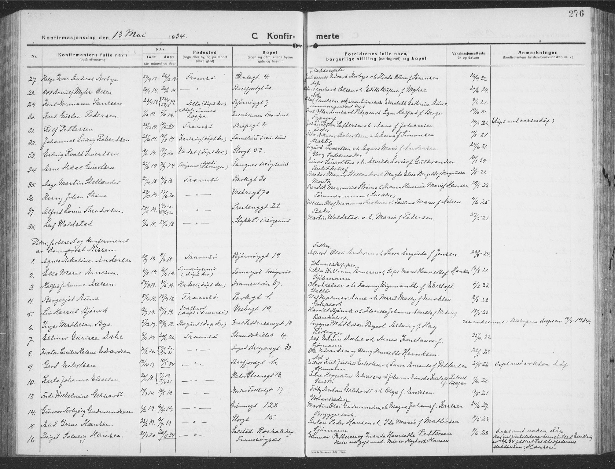 Tromsø sokneprestkontor/stiftsprosti/domprosti, AV/SATØ-S-1343/G/Gb/L0010klokker: Klokkerbok nr. 10, 1925-1937, s. 276