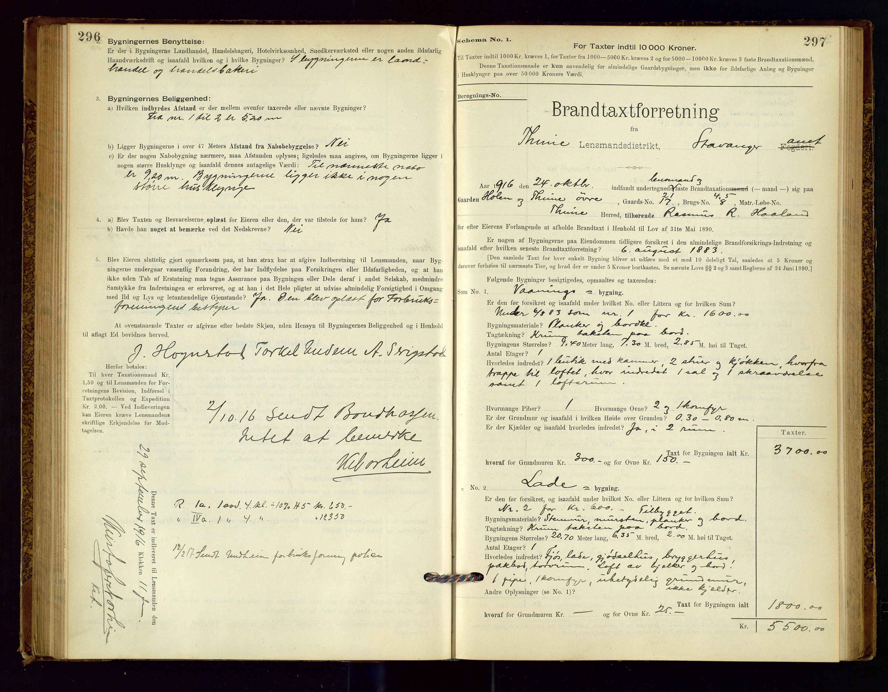 Time lensmannskontor, AV/SAST-A-100420/Gob/L0001: Branntakstprotokoll, 1896-1914, s. 296-297