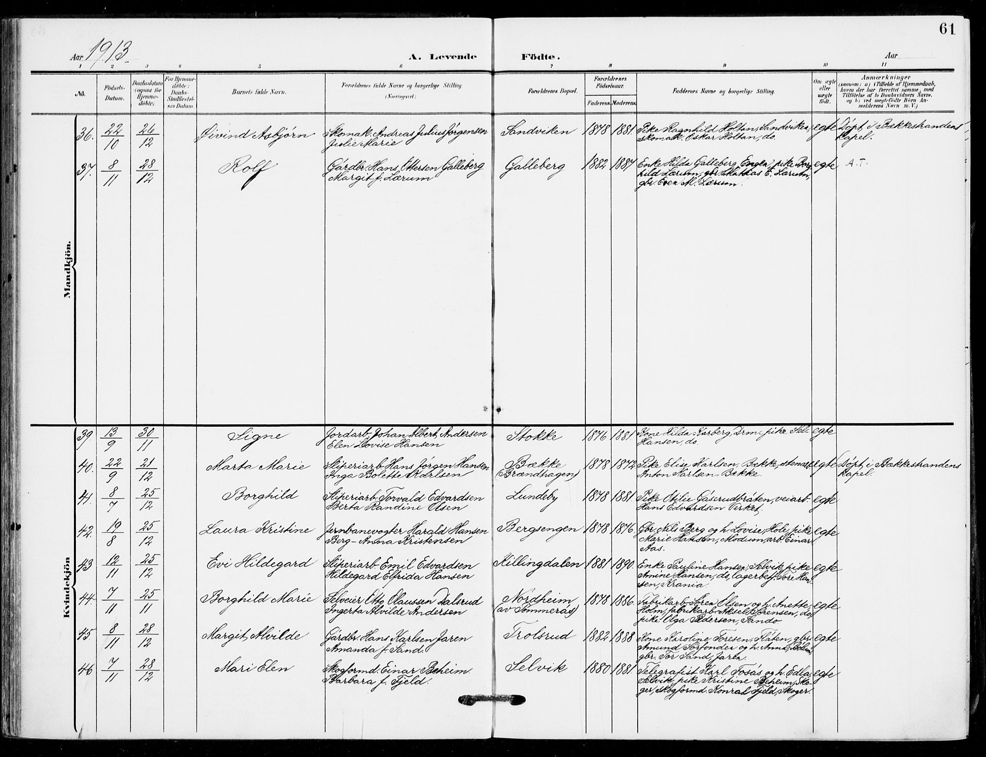 Sande Kirkebøker, AV/SAKO-A-53/F/Fa/L0008: Ministerialbok nr. 8, 1904-1921, s. 61