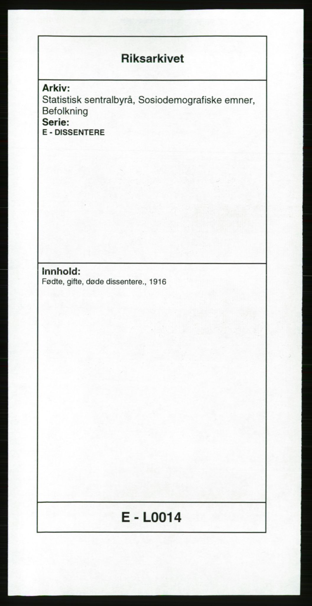 Statistisk sentralbyrå, Sosiodemografiske emner, Befolkning, AV/RA-S-2228/E/L0014: Fødte, gifte, døde dissentere., 1916, s. 1