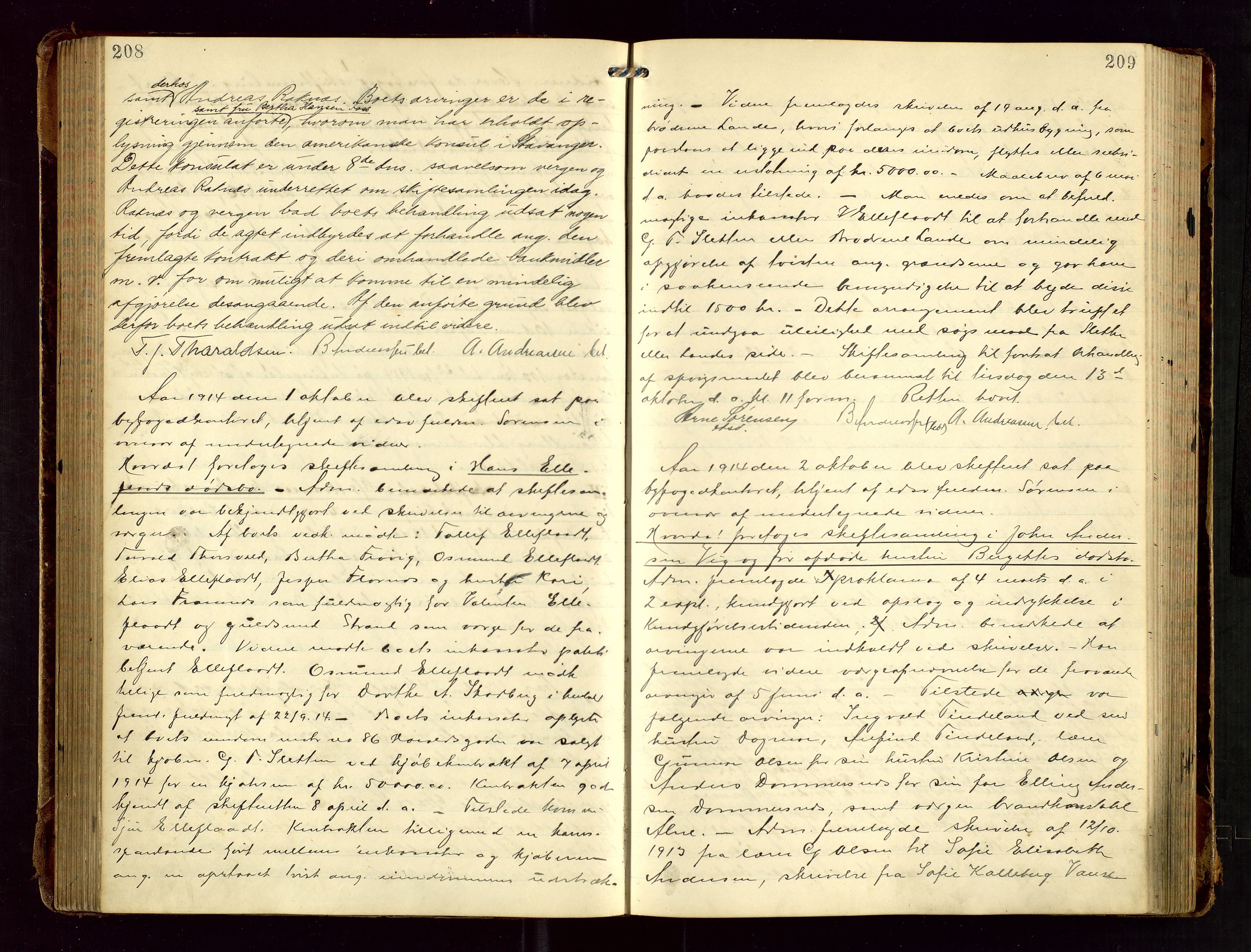 Haugesund tingrett, AV/SAST-A-101415/01/IV/IVC/L0002: Skifteforhandlingsprotokoll, med register, 1912-1921, s. 208-209