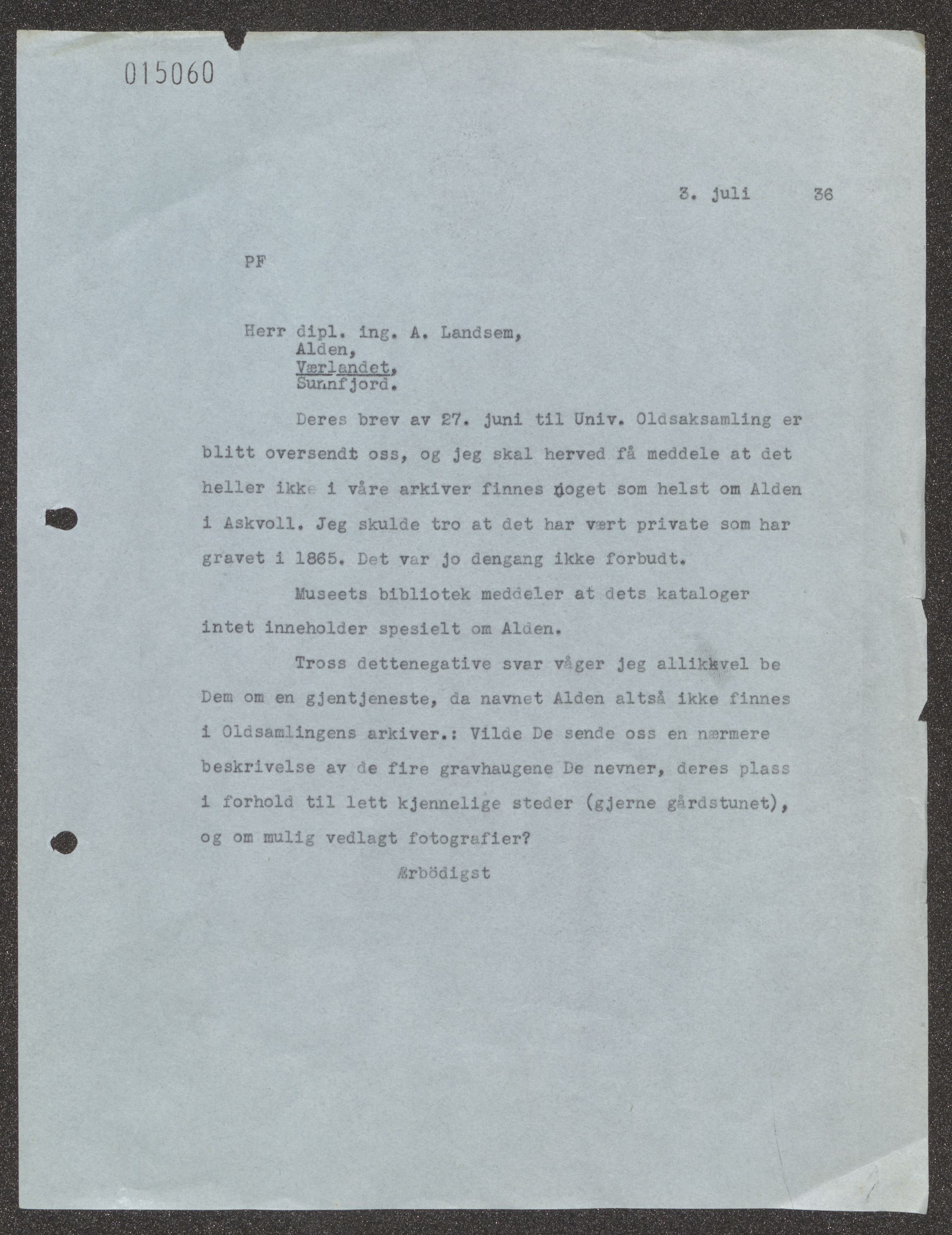 Arkeologiske samlinger, UMB/A003/E/Ea/L0001/0001: Askvoll  / Alden, gnr. 59, 1936-1970