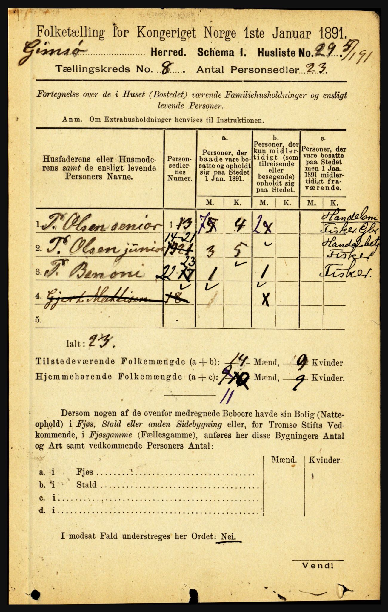 RA, Folketelling 1891 for 1864 Gimsøy herred, 1891, s. 1407