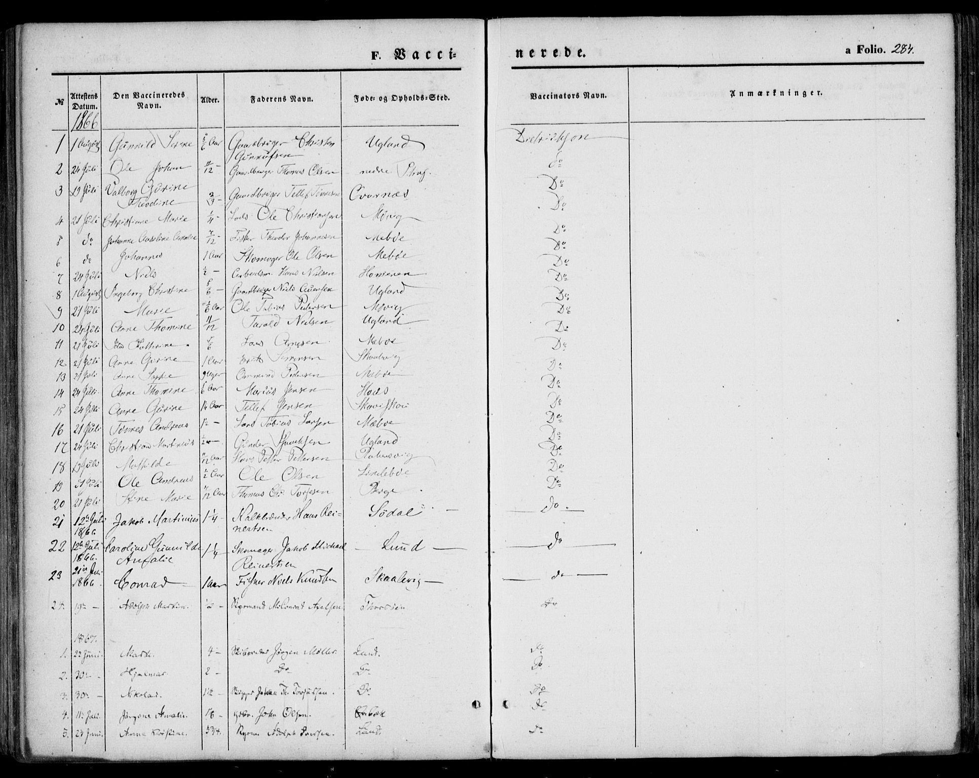 Oddernes sokneprestkontor, SAK/1111-0033/F/Fa/Faa/L0008: Ministerialbok nr. A 8, 1864-1880, s. 284