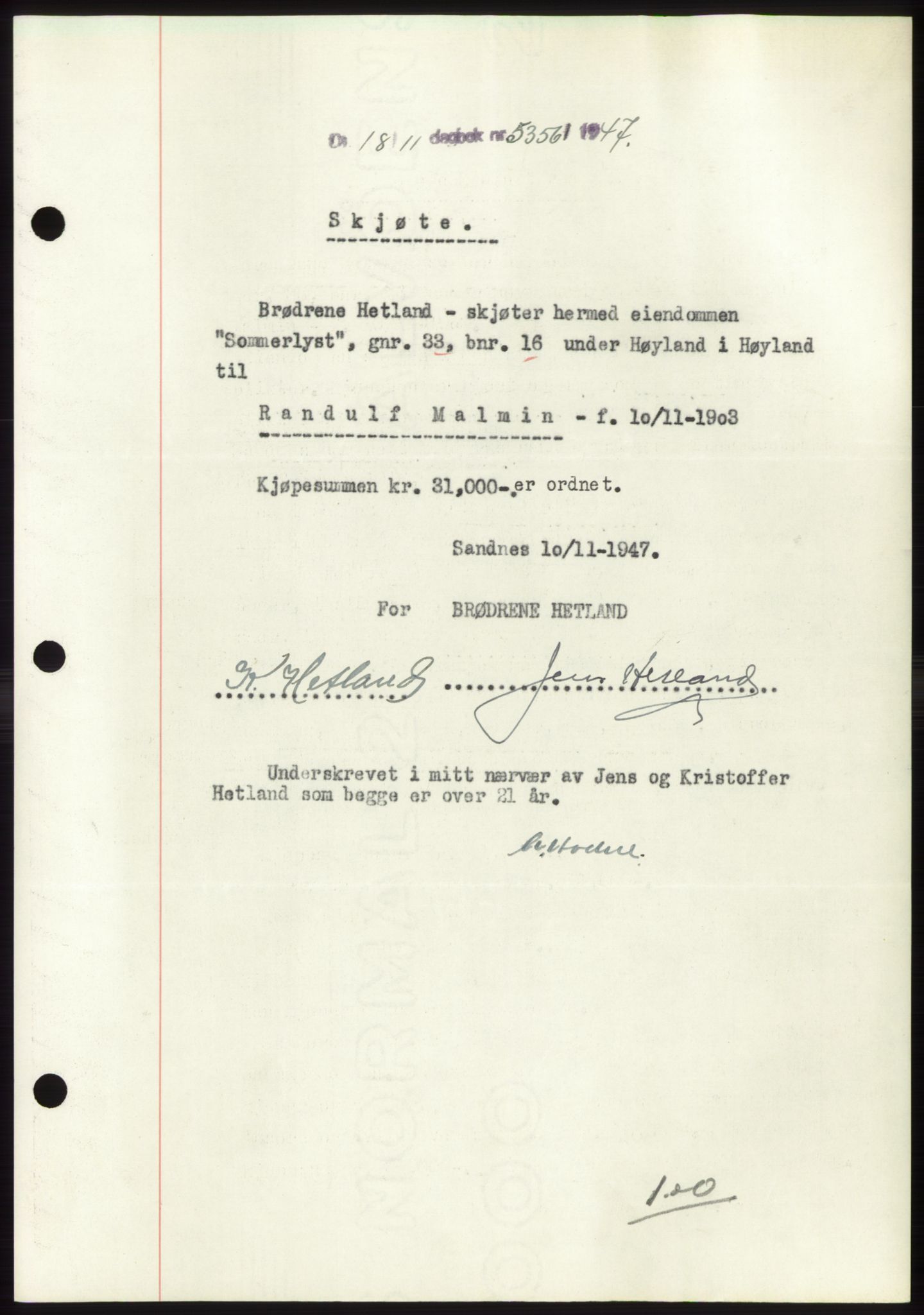 Jæren sorenskriveri, SAST/A-100310/03/G/Gba/L0096: Pantebok, 1947-1947, Dagboknr: 5356/1947