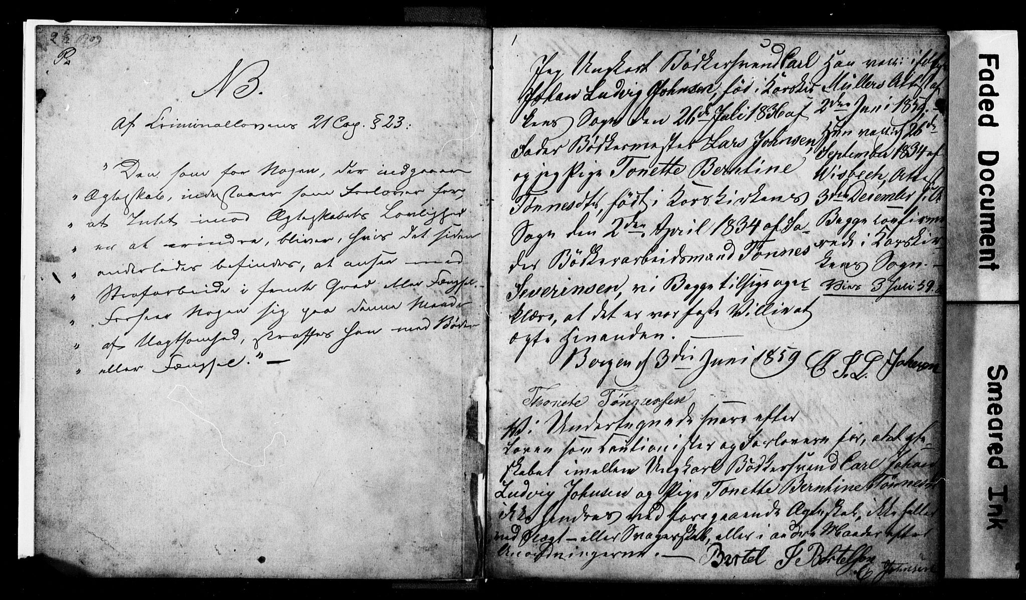Korskirken sokneprestembete, SAB/A-76101: Forlovererklæringer nr. II.5.2, 1859-1865, s. 1