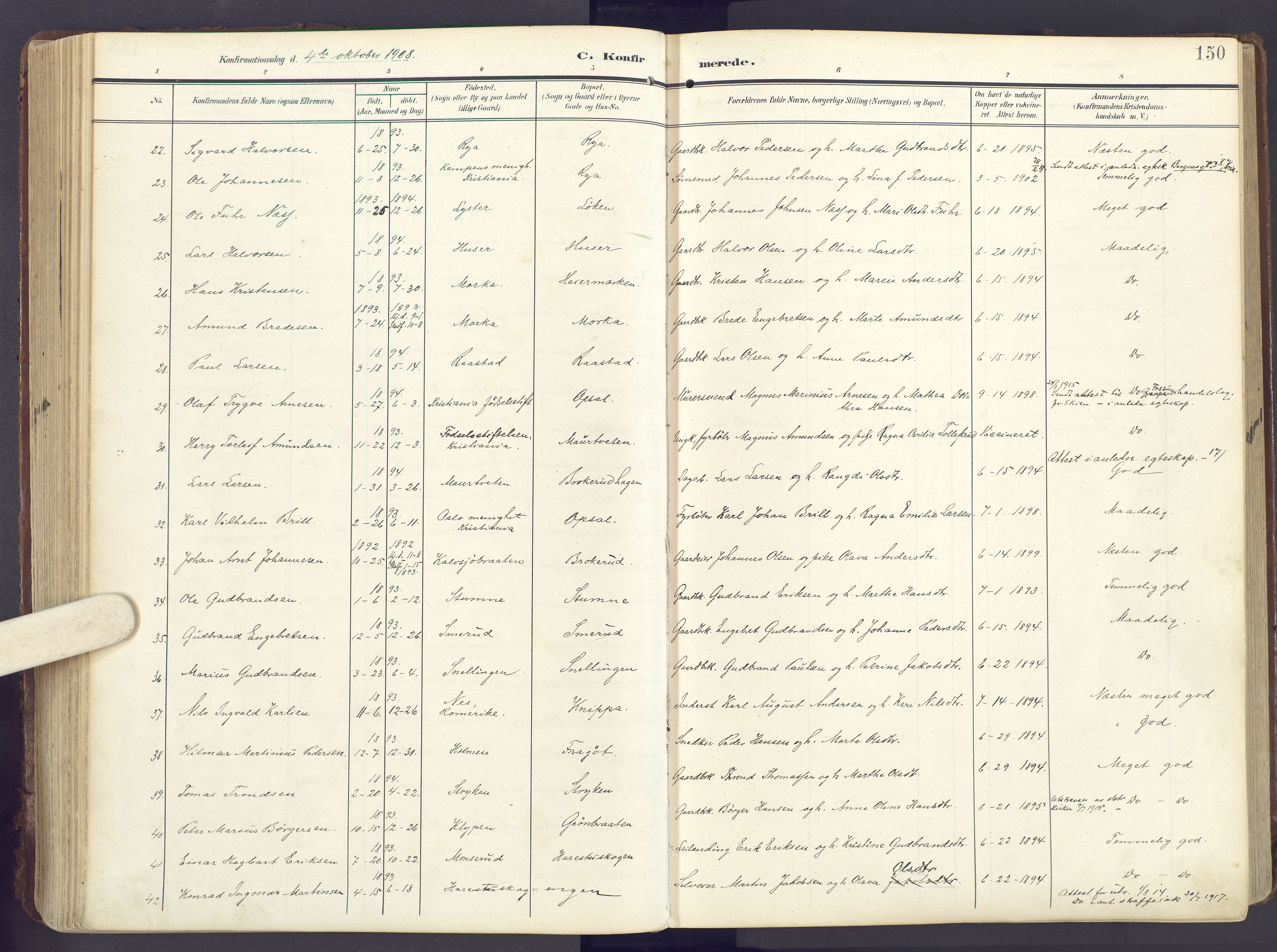 Lunner prestekontor, AV/SAH-PREST-118/H/Ha/Haa/L0001: Ministerialbok nr. 1, 1907-1922, s. 150