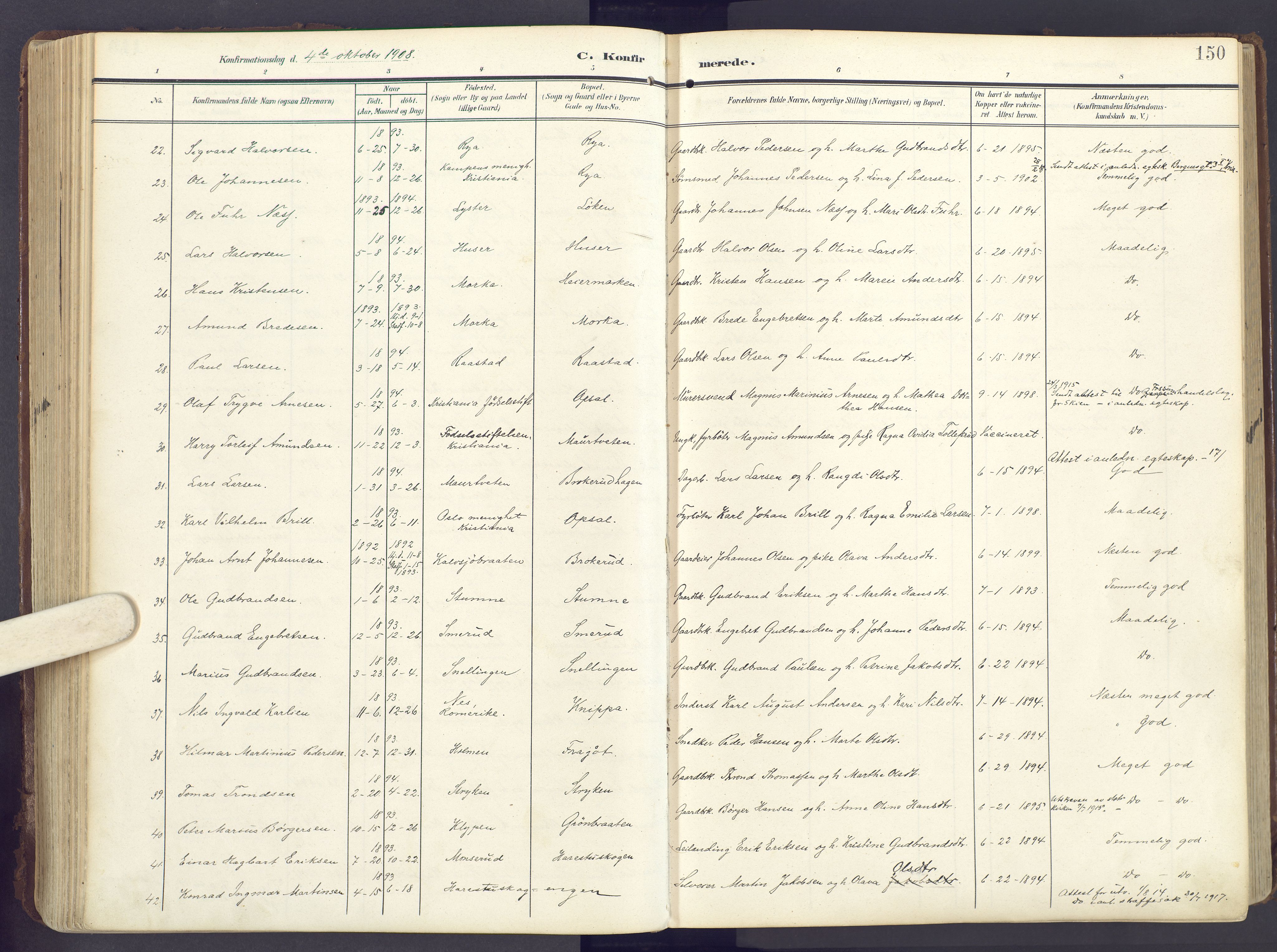 Lunner prestekontor, SAH/PREST-118/H/Ha/Haa/L0001: Ministerialbok nr. 1, 1907-1922, s. 150