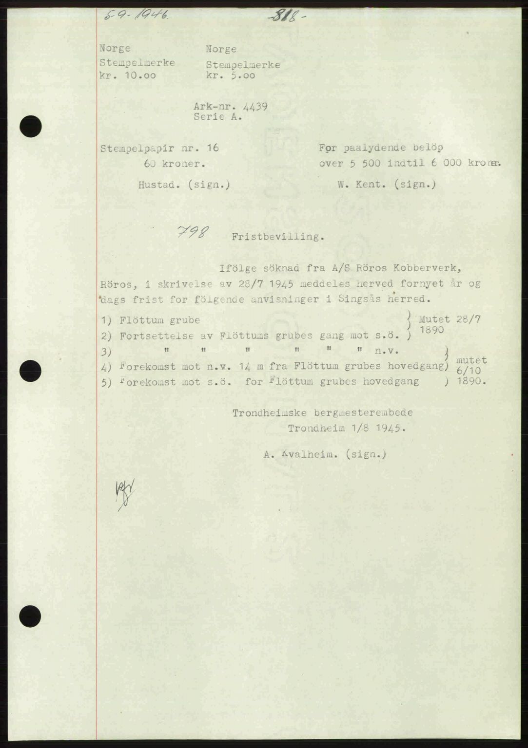 Gauldal sorenskriveri, SAT/A-0014/1/2/2C: Pantebok nr. A2, 1946-1946, Dagboknr: 798/1946