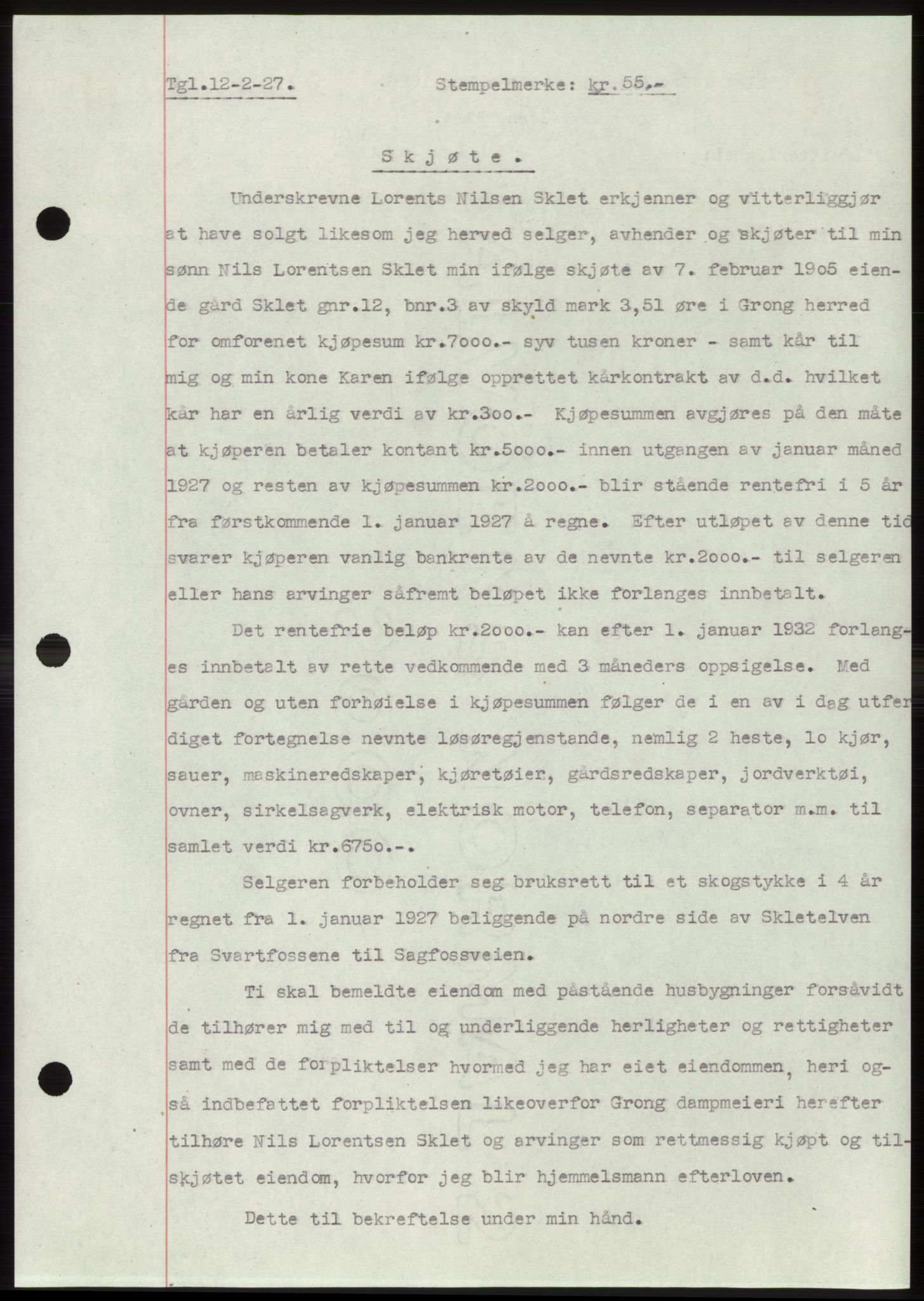 Namdal sorenskriveri, SAT/A-4133/1/2/2C: Pantebok nr. -, 1926-1930, Tingl.dato: 12.02.1927