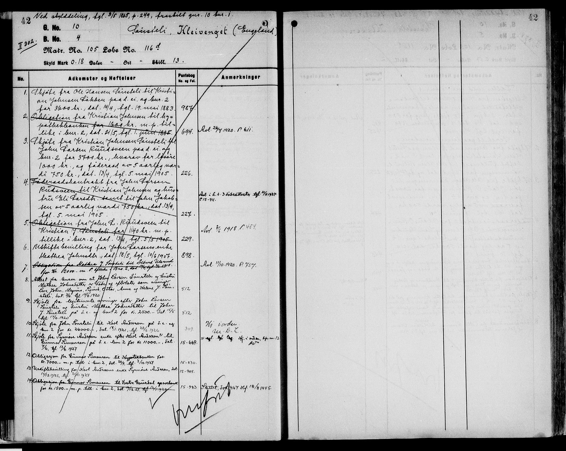 Sør-Gudbrandsdal tingrett, AV/SAH-TING-004/H/Ha/Hag/L0014: Panteregister nr. 3.14, 1913-1959, s. 42