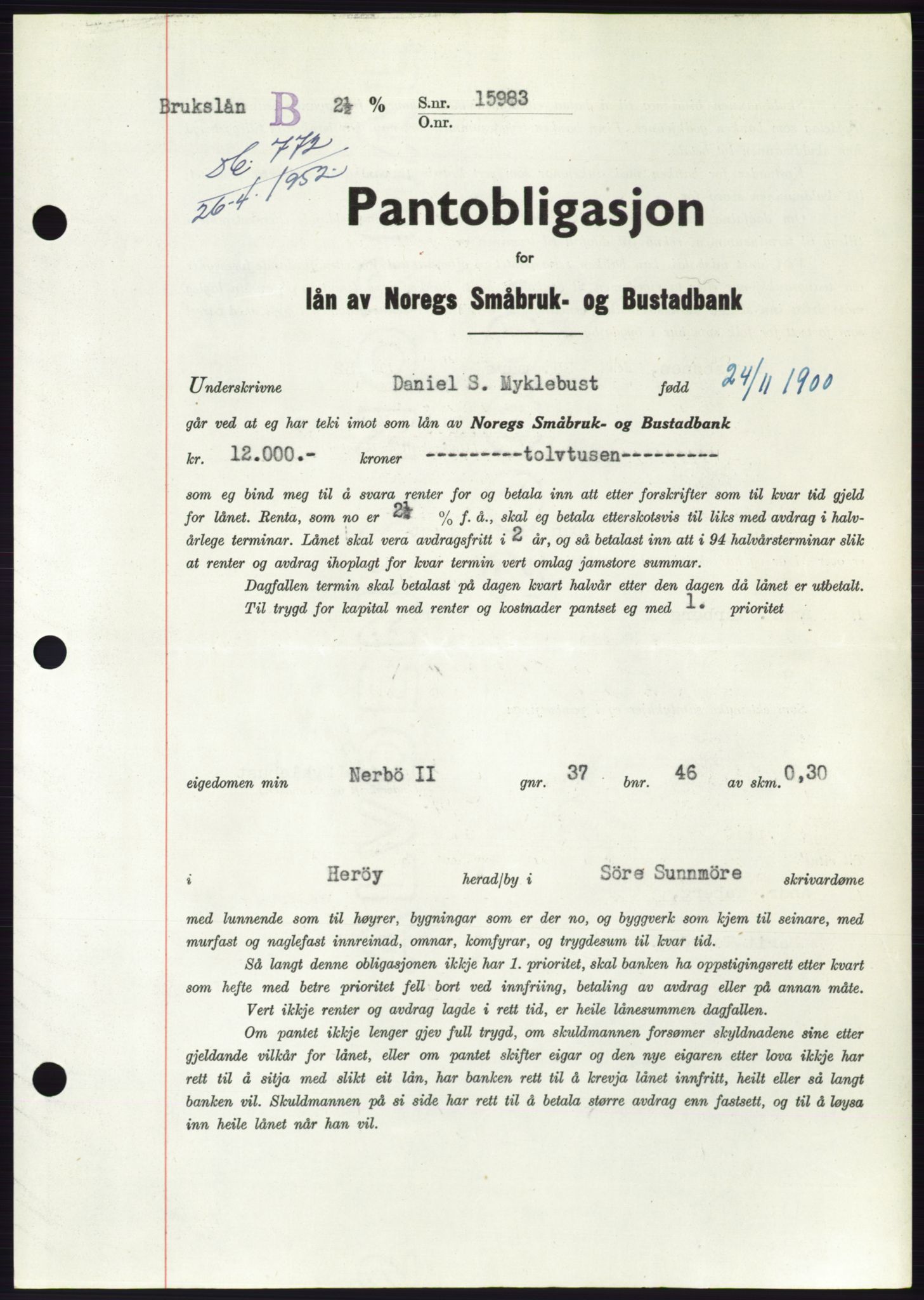 Søre Sunnmøre sorenskriveri, AV/SAT-A-4122/1/2/2C/L0121: Pantebok nr. 9B, 1951-1952, Dagboknr: 772/1952