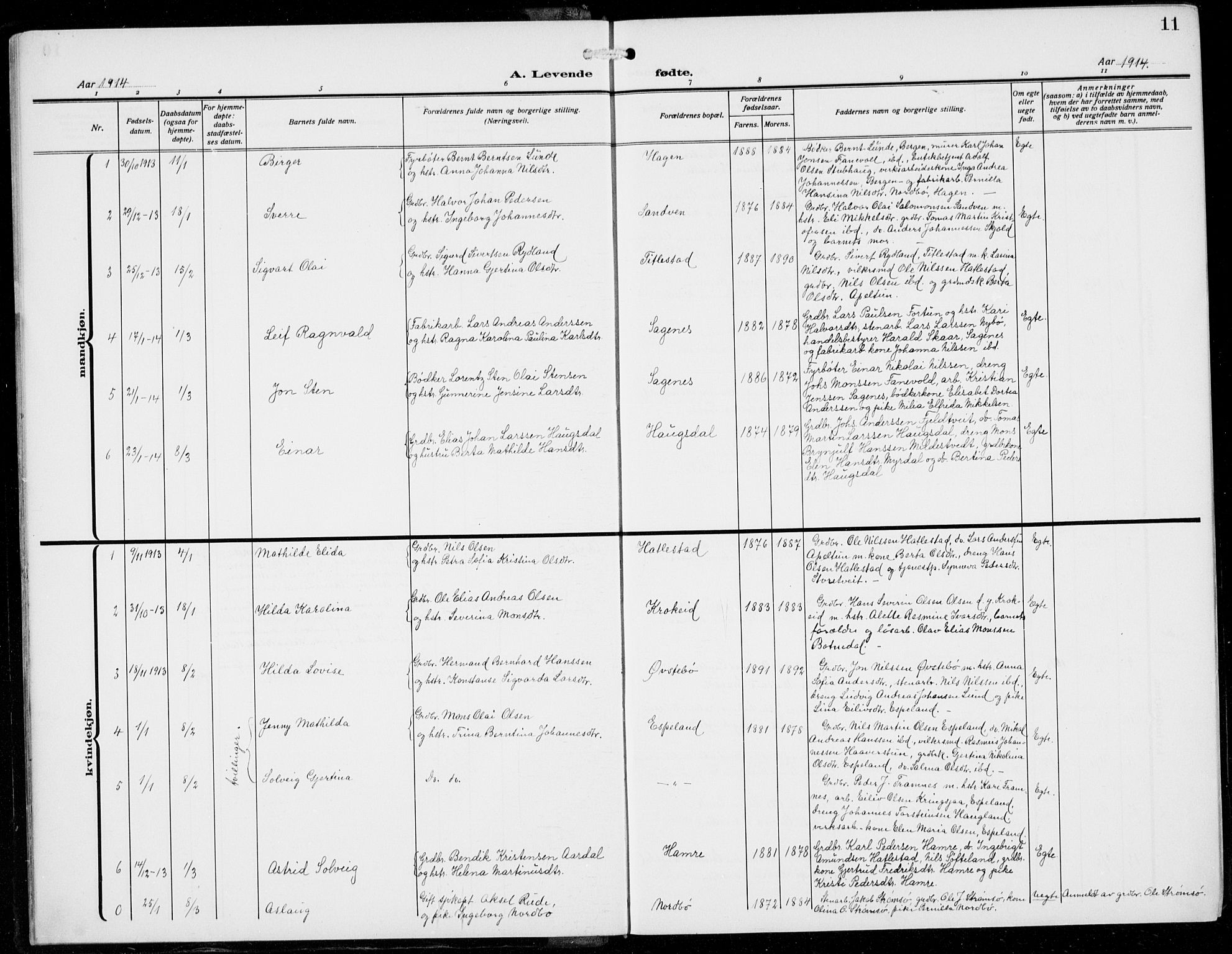 Fana Sokneprestembete, AV/SAB-A-75101/H/Hab/Haba/L0005: Klokkerbok nr. A 5, 1911-1932, s. 11