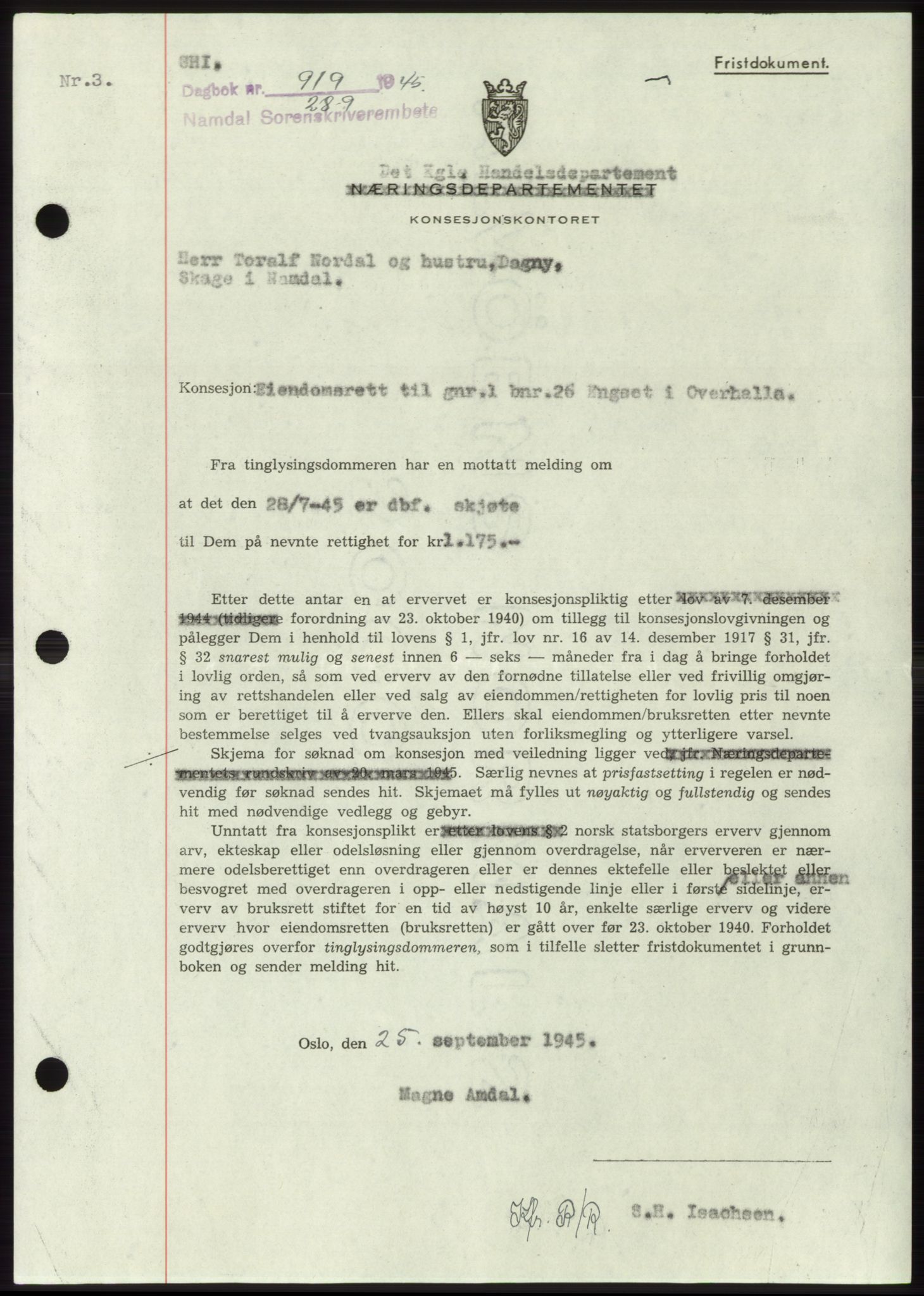 Namdal sorenskriveri, SAT/A-4133/1/2/2C: Pantebok nr. -, 1944-1945, Dagboknr: 919/1945