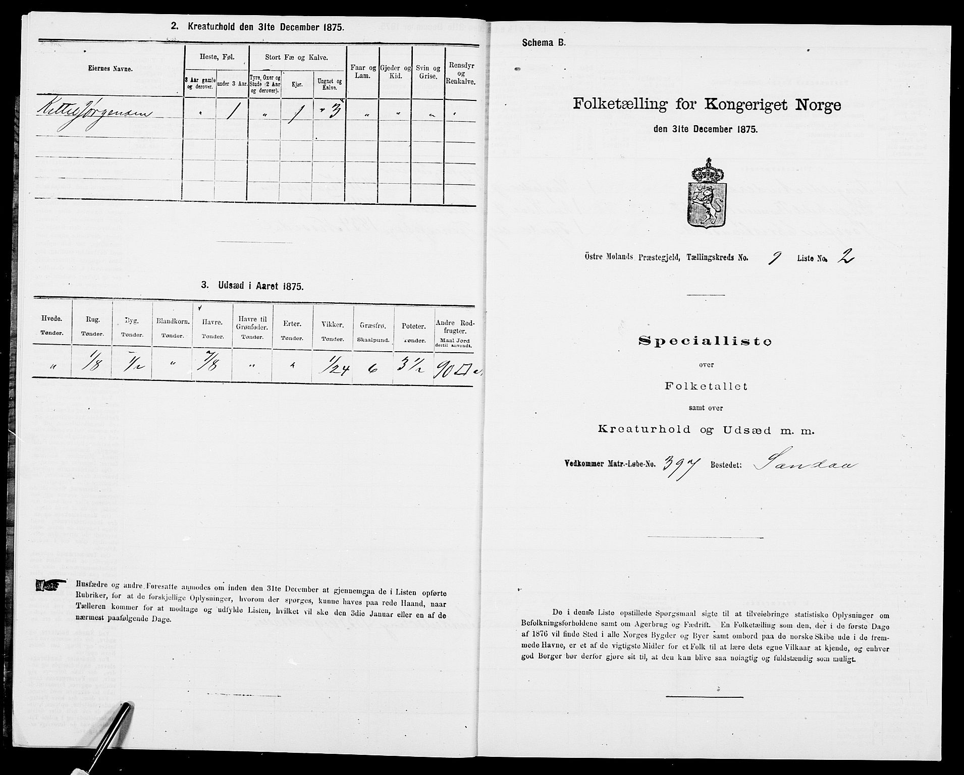 SAK, Folketelling 1875 for 0918P Austre Moland prestegjeld, 1875, s. 2475