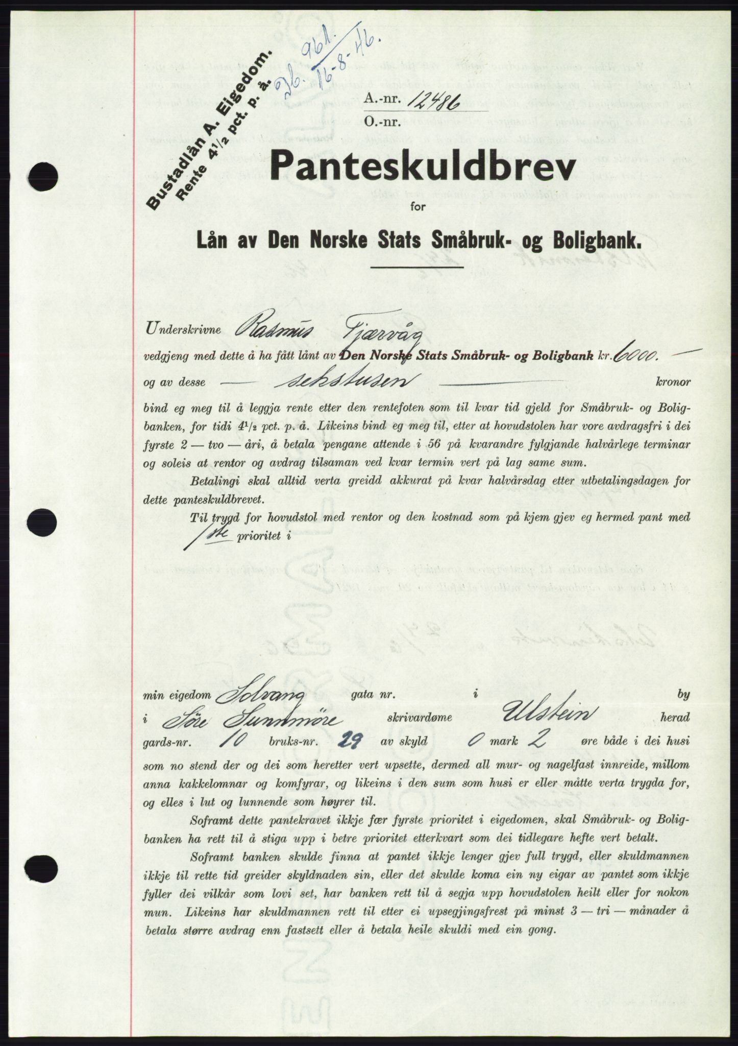 Søre Sunnmøre sorenskriveri, AV/SAT-A-4122/1/2/2C/L0114: Pantebok nr. 1-2B, 1943-1947, Dagboknr: 961/1946