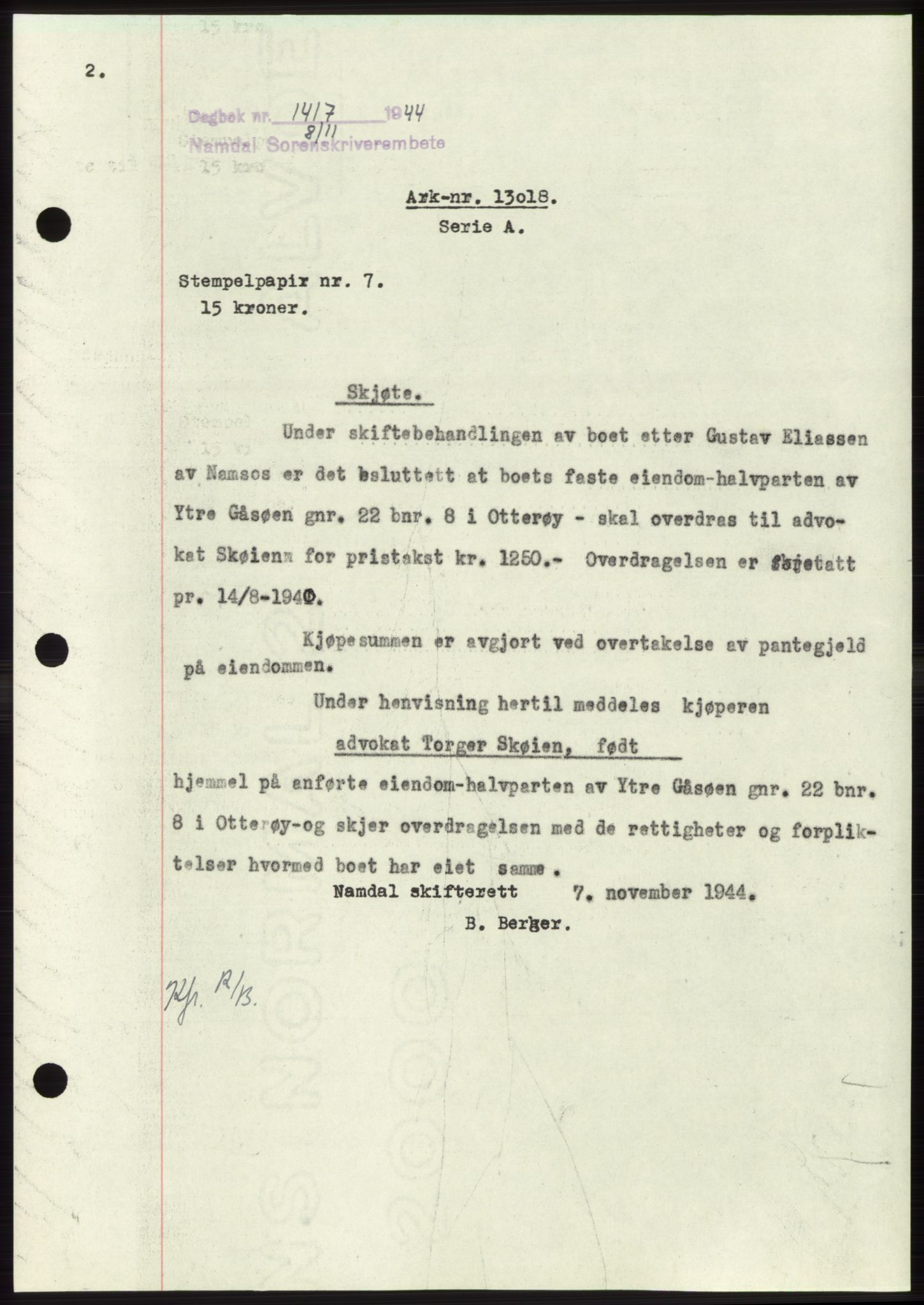 Namdal sorenskriveri, SAT/A-4133/1/2/2C: Pantebok nr. -, 1944-1945, Dagboknr: 1417/1944