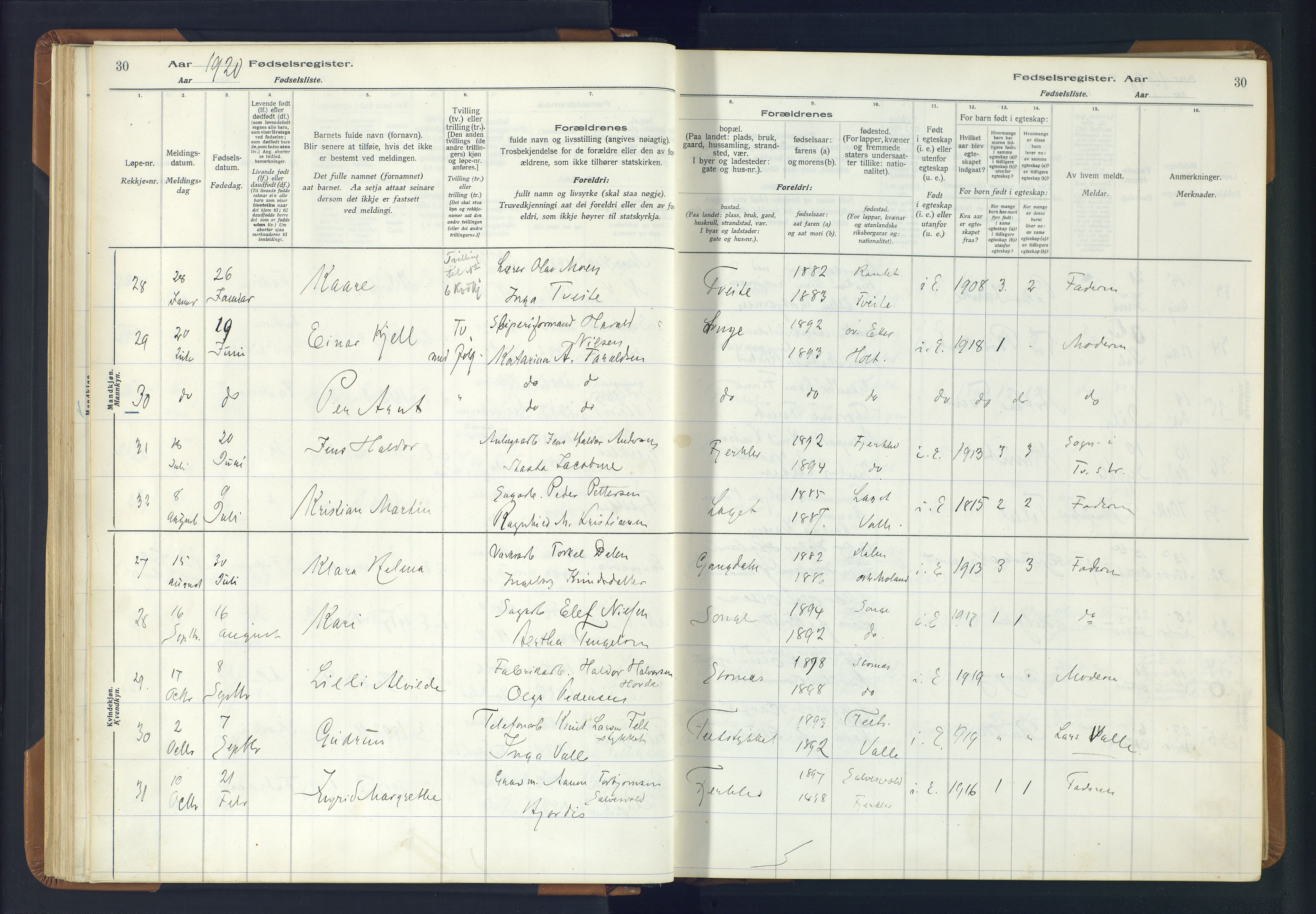 Holt sokneprestkontor, AV/SAK-1111-0021/J/Ja/L0001: Fødselsregister nr. II.4.1, 1916-1946, s. 30