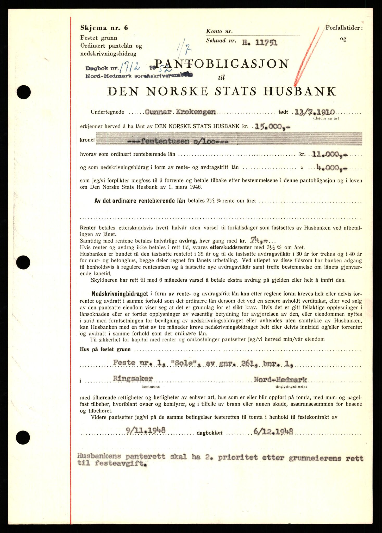 Nord-Hedmark sorenskriveri, SAH/TING-012/H/Hb/Hbf/L0025: Pantebok nr. B25, 1952-1952, Dagboknr: 1712/1952