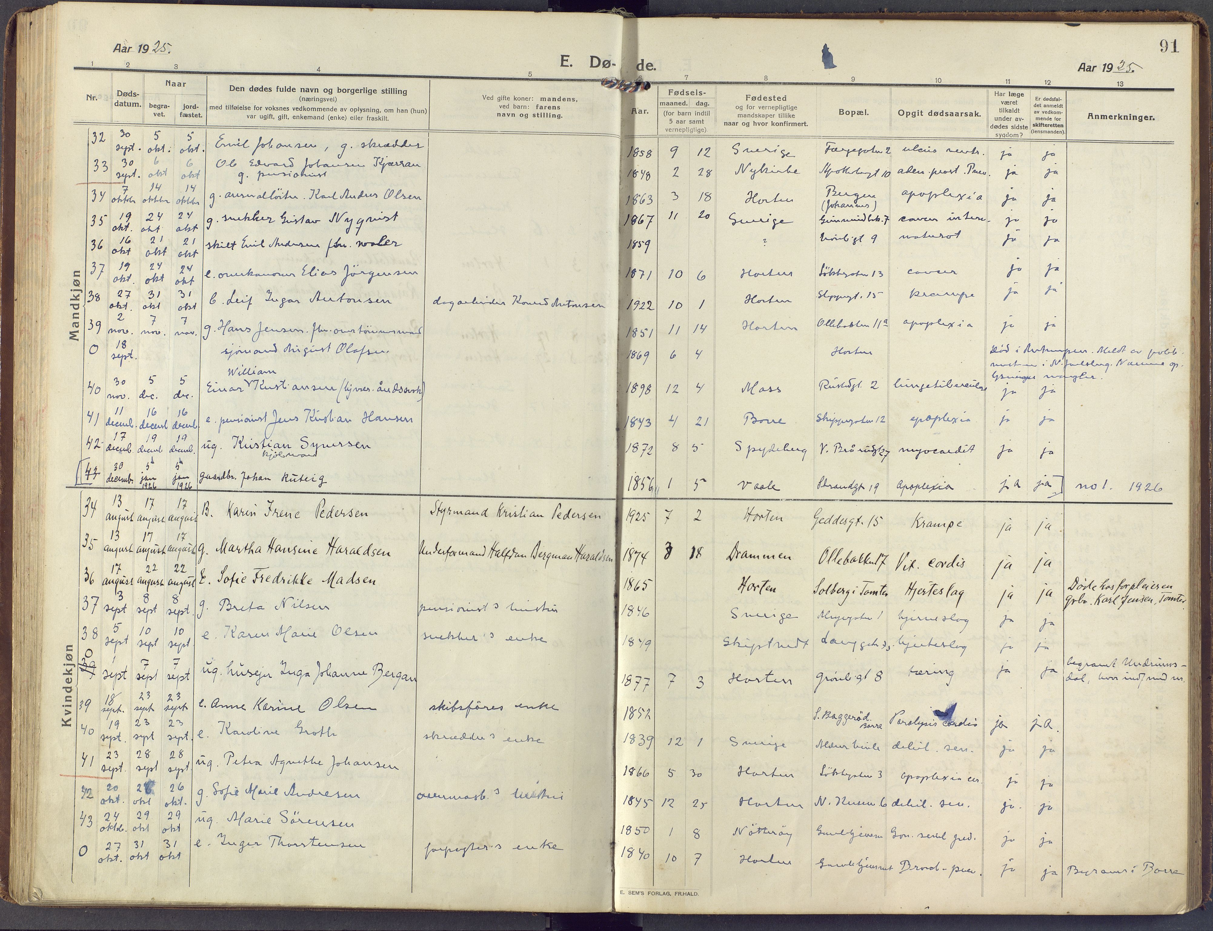 Horten kirkebøker, AV/SAKO-A-348/F/Fa/L0007: Ministerialbok nr. 7, 1913-1926, s. 91