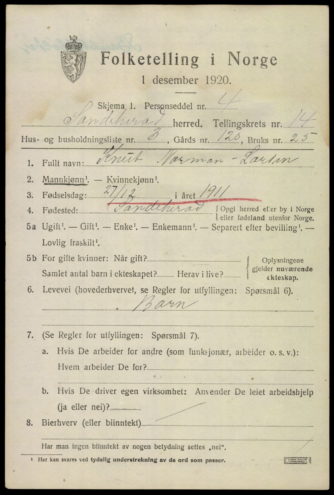 SAKO, Folketelling 1920 for 0724 Sandeherred herred, 1920, s. 20216