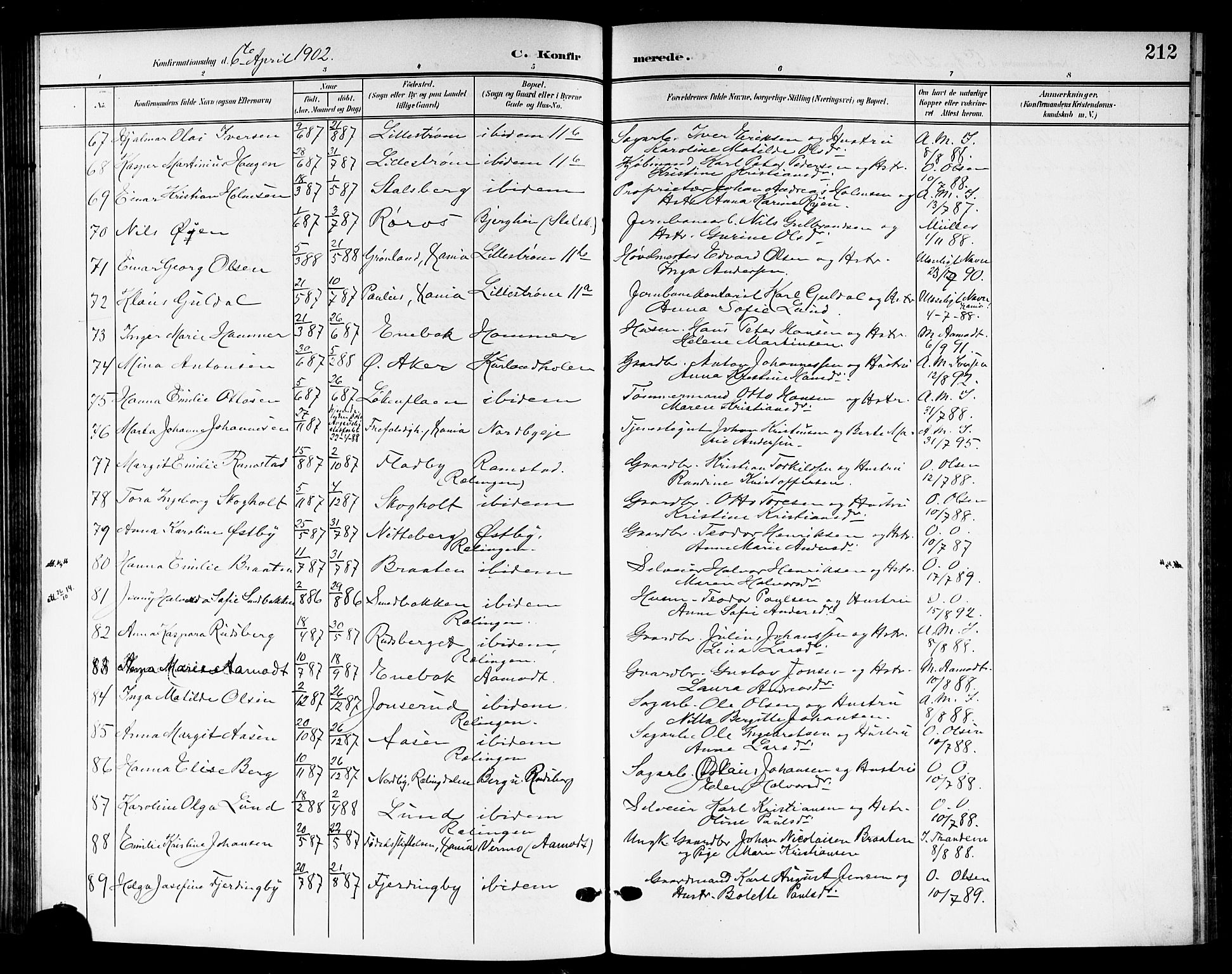 Skedsmo prestekontor Kirkebøker, AV/SAO-A-10033a/G/Ga/L0005b: Klokkerbok nr. I 5B, 1902-1911, s. 212