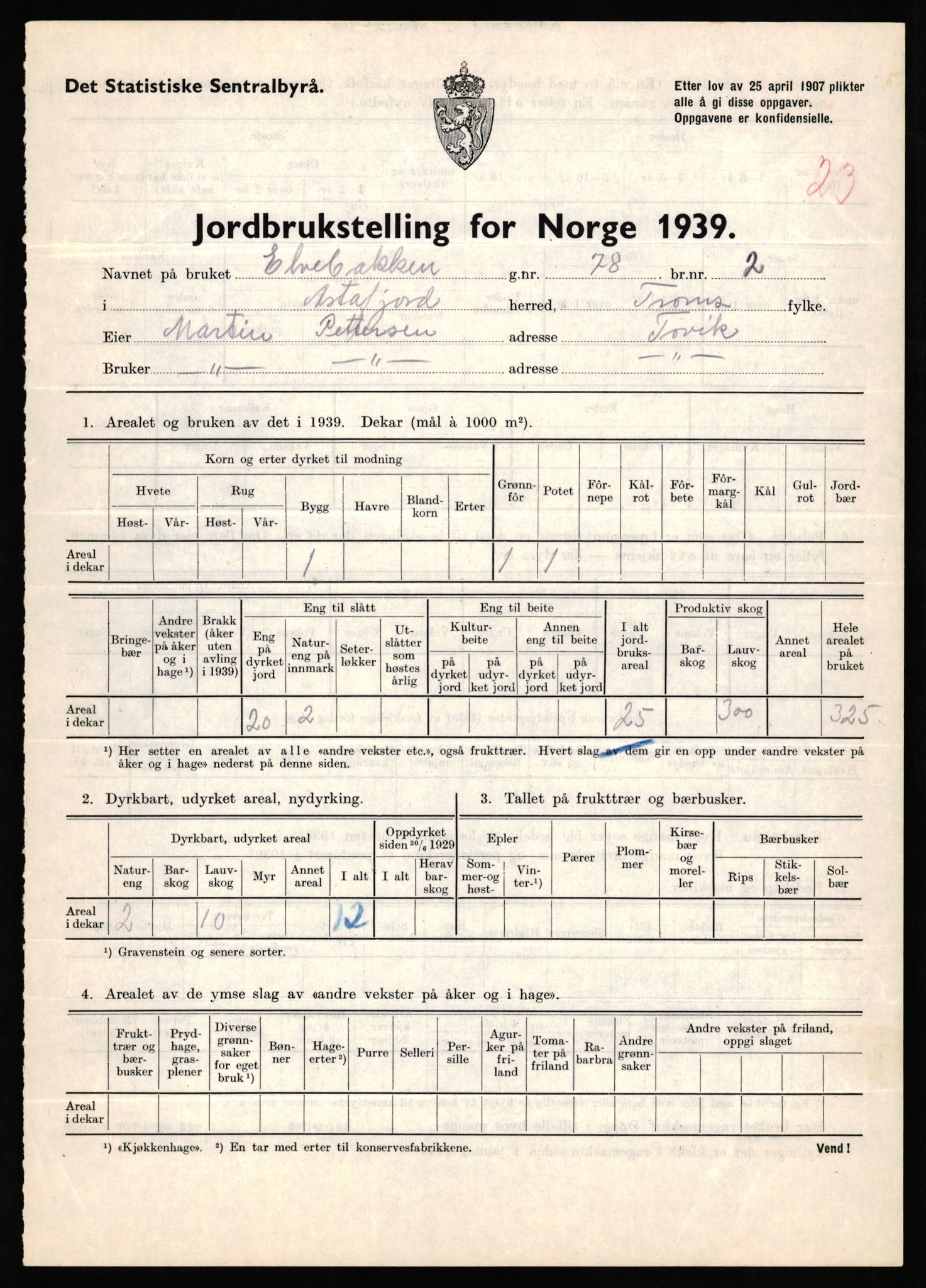 Statistisk sentralbyrå, Næringsøkonomiske emner, Jordbruk, skogbruk, jakt, fiske og fangst, AV/RA-S-2234/G/Gb/L0339: Troms: Andørja, Astafjord og Lavangen, 1939, s. 99