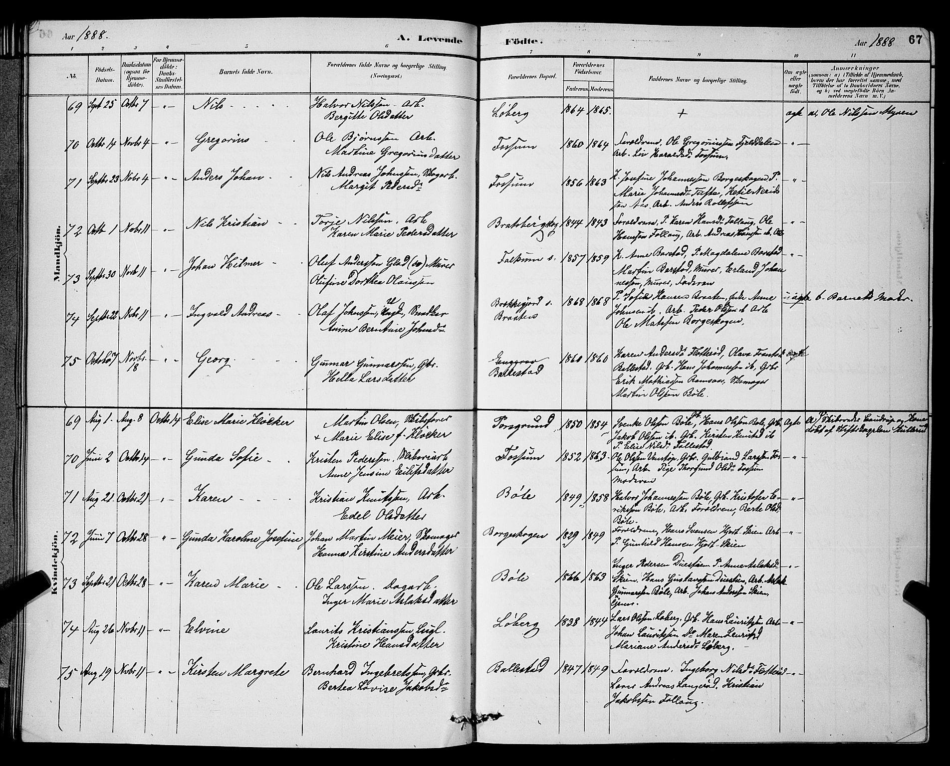 Gjerpen kirkebøker, AV/SAKO-A-265/G/Ga/L0002: Klokkerbok nr. I 2, 1883-1900, s. 67