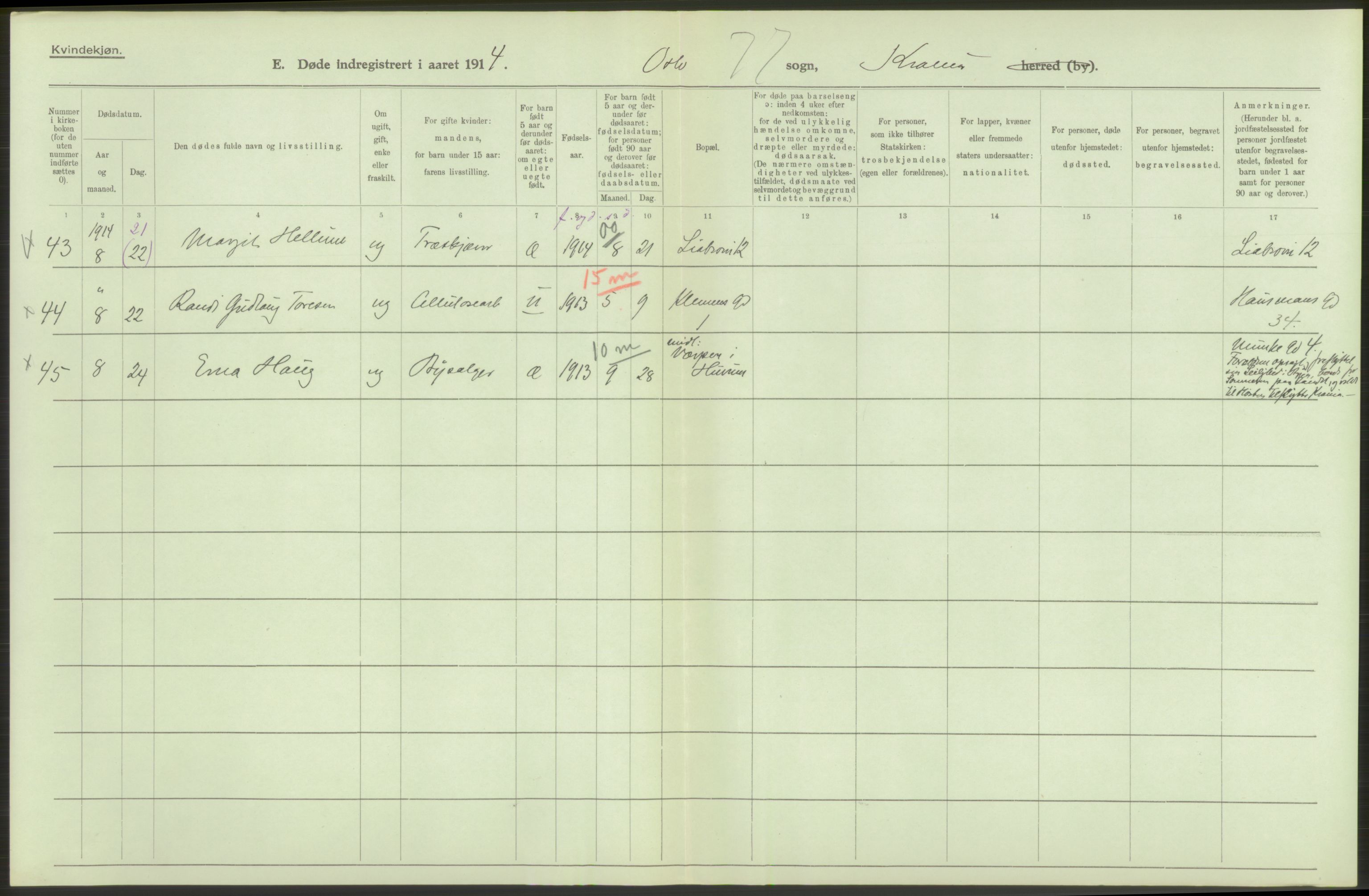 Statistisk sentralbyrå, Sosiodemografiske emner, Befolkning, AV/RA-S-2228/D/Df/Dfb/Dfbd/L0008: Kristiania: Døde, 1914, s. 152